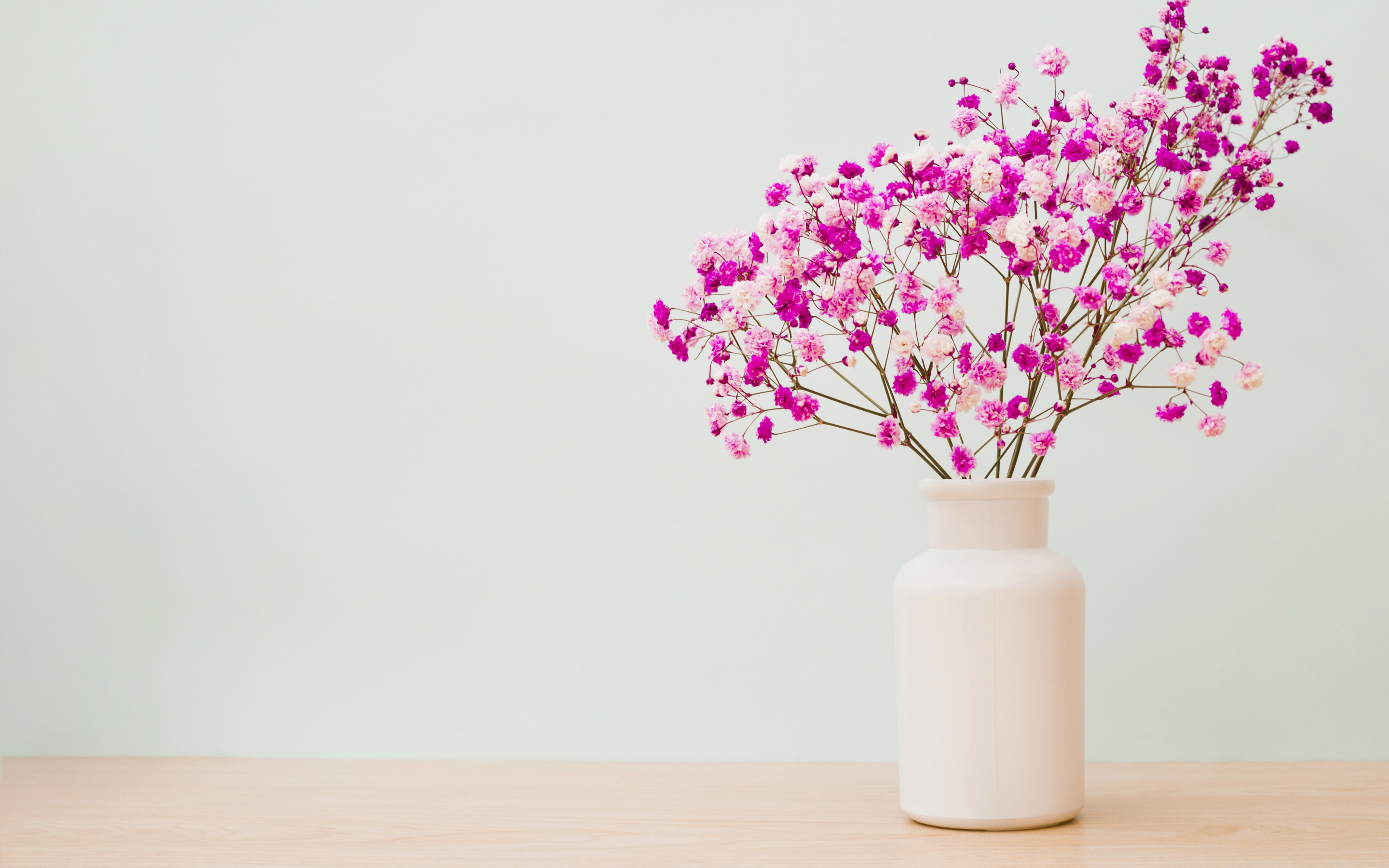 Download wallpaper purple spring flowers, flower vase, stylish pink vase, flowers on the table, spring, beautiful flowers for desktop with resolution 2880x1800. High Quality HD picture wallpaper