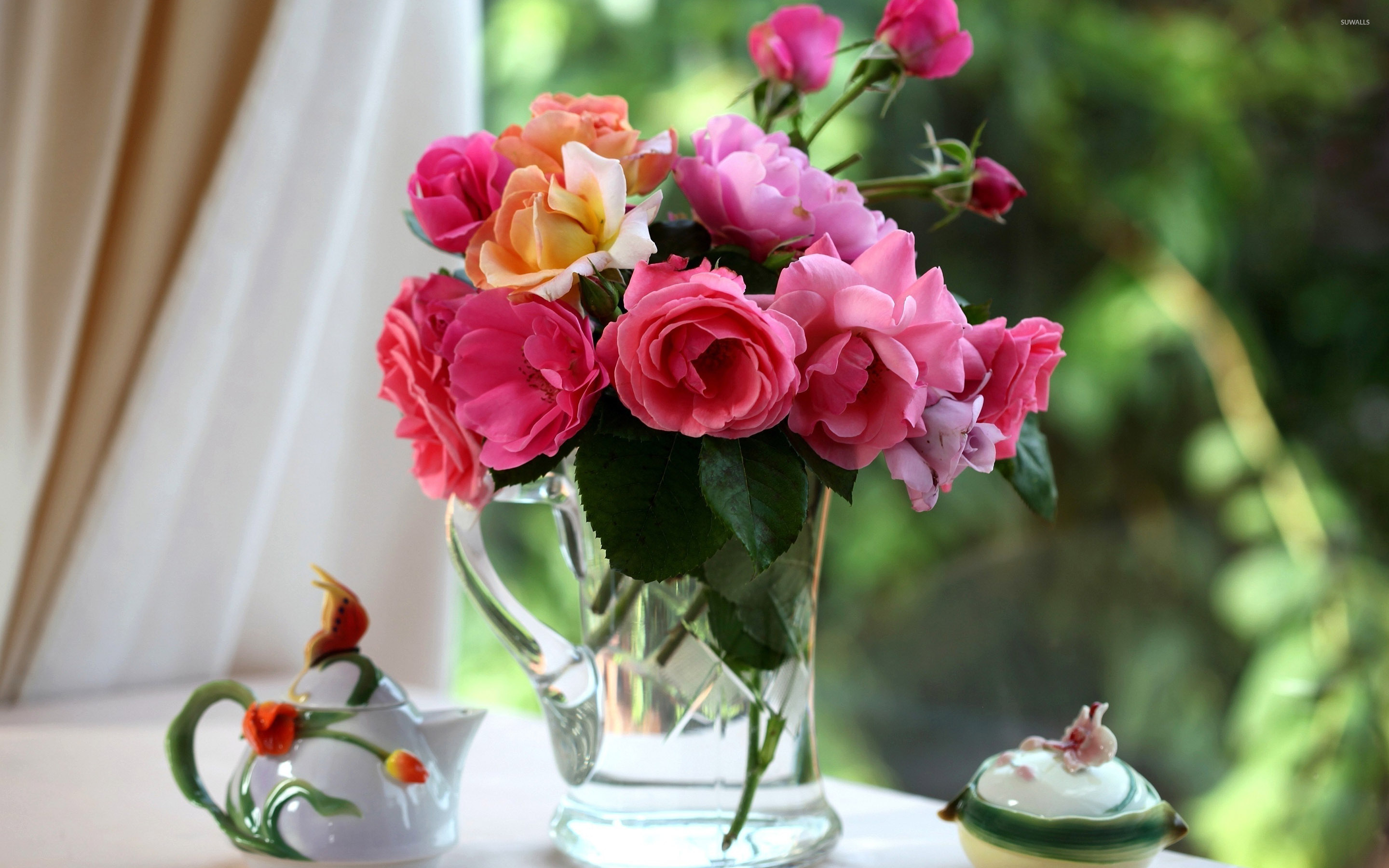 Roses in the vase on the morning tea table wallpaper wallpaper