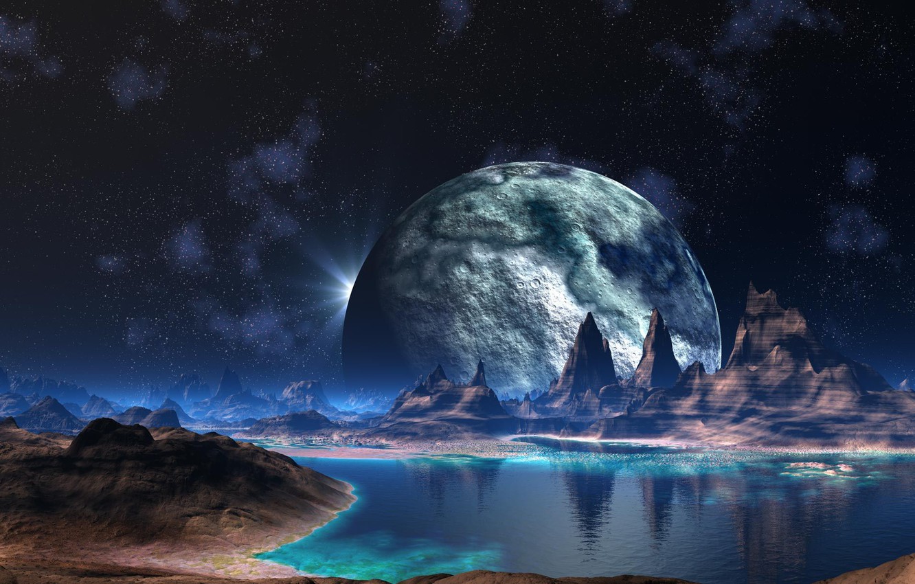 Wallpaper water, stars, mountains, fiction, planet, river, alien world image for desktop, section фантастика