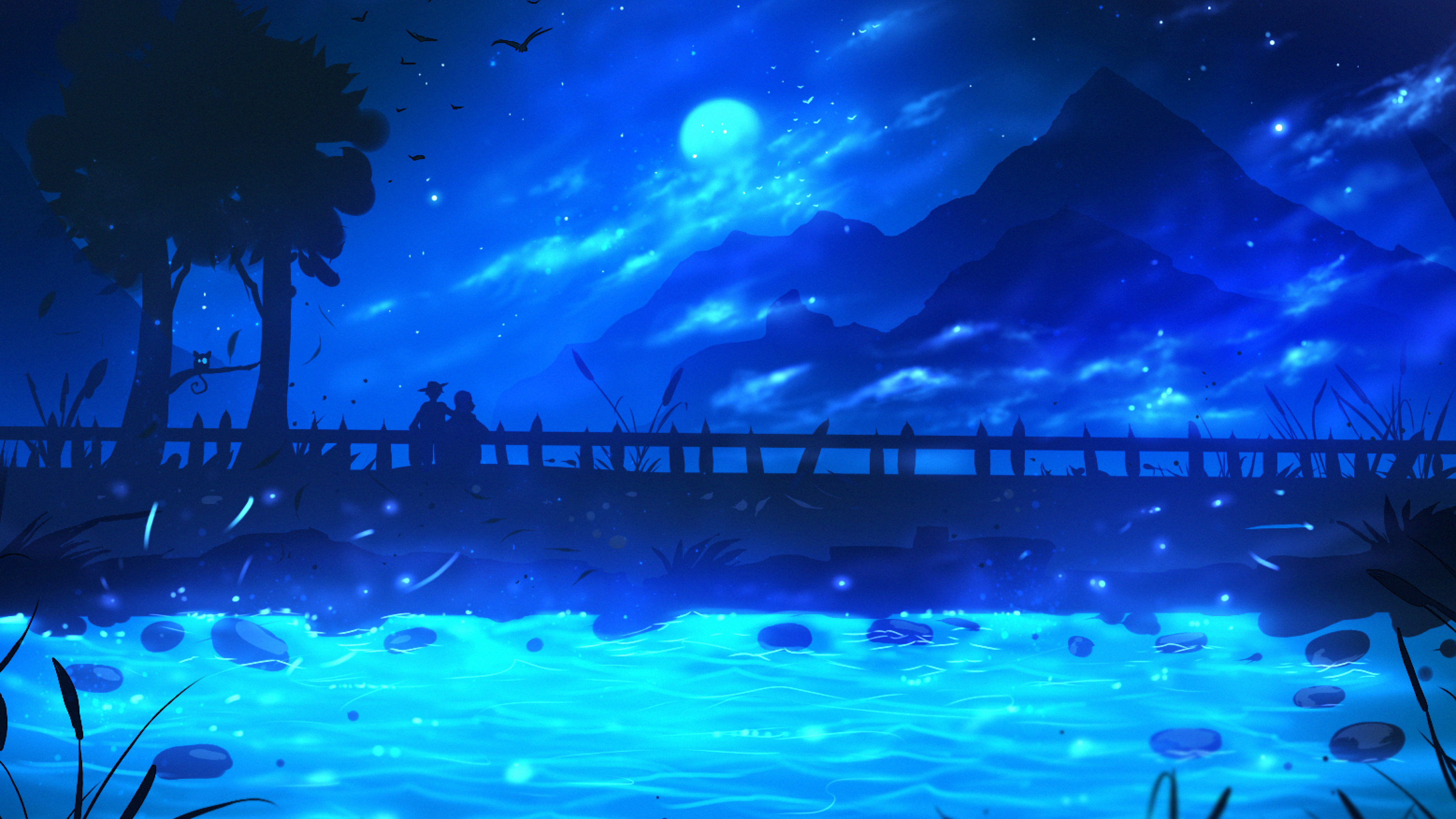 Download 3840x2160 Fantasy World, Blue Theme, River, Moon, Mountains, Landscape, Crows Wallpaper for UHD TV