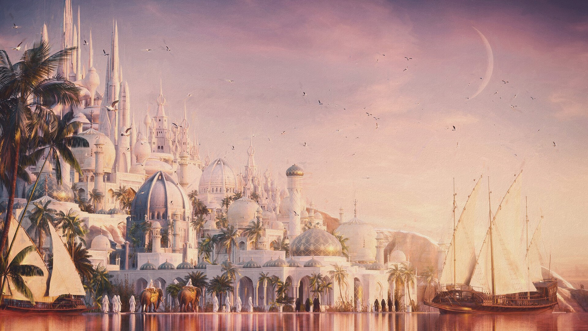 digital art, Indian Architecture, birds, elephant, boat, fantasy architecture, white HD Wallpaper