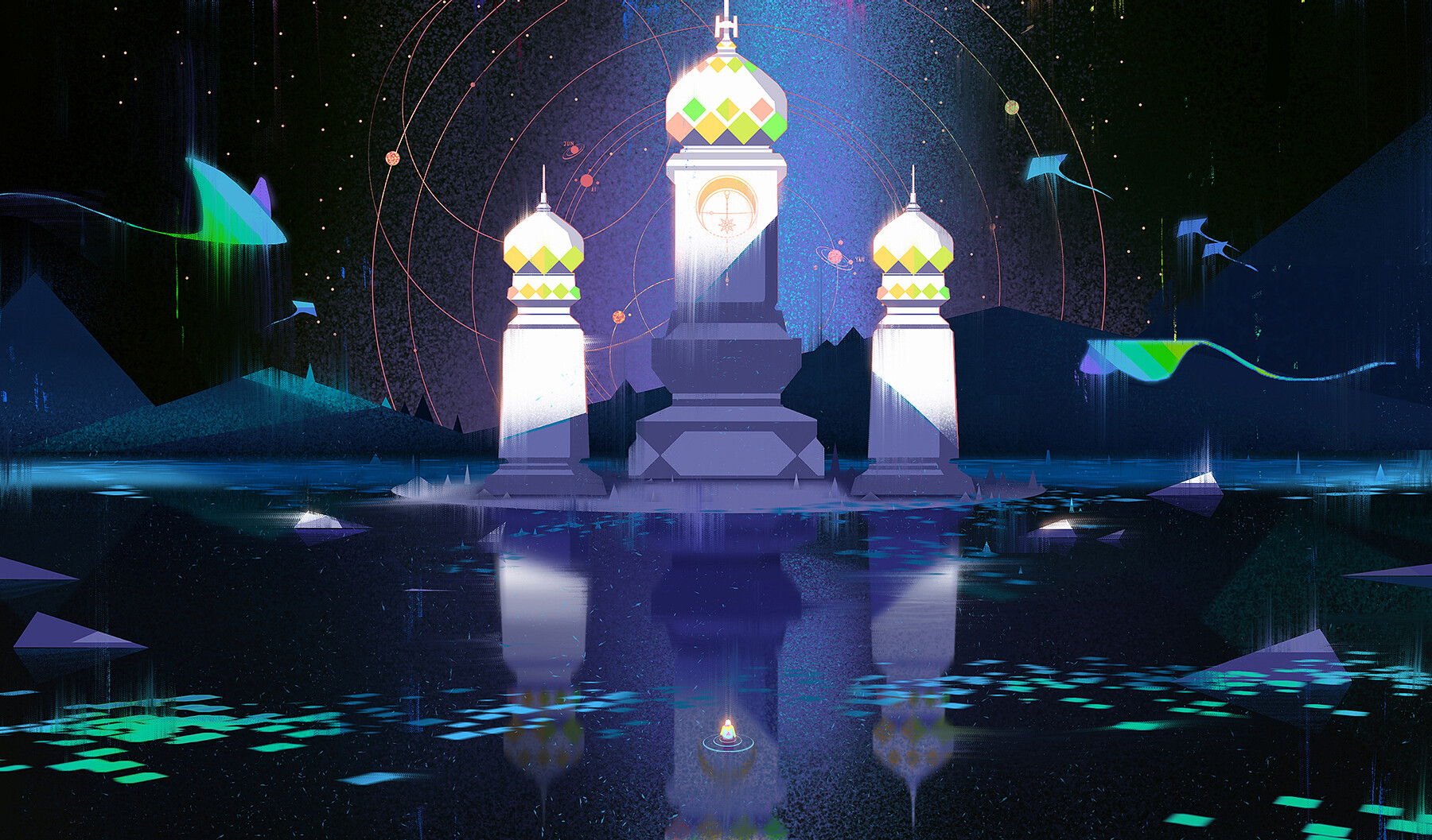 Jun Dong Li Digital Art Fantasy Art Manta Rays Indian Architecture Water Reflection Wallpaper:1800x1057