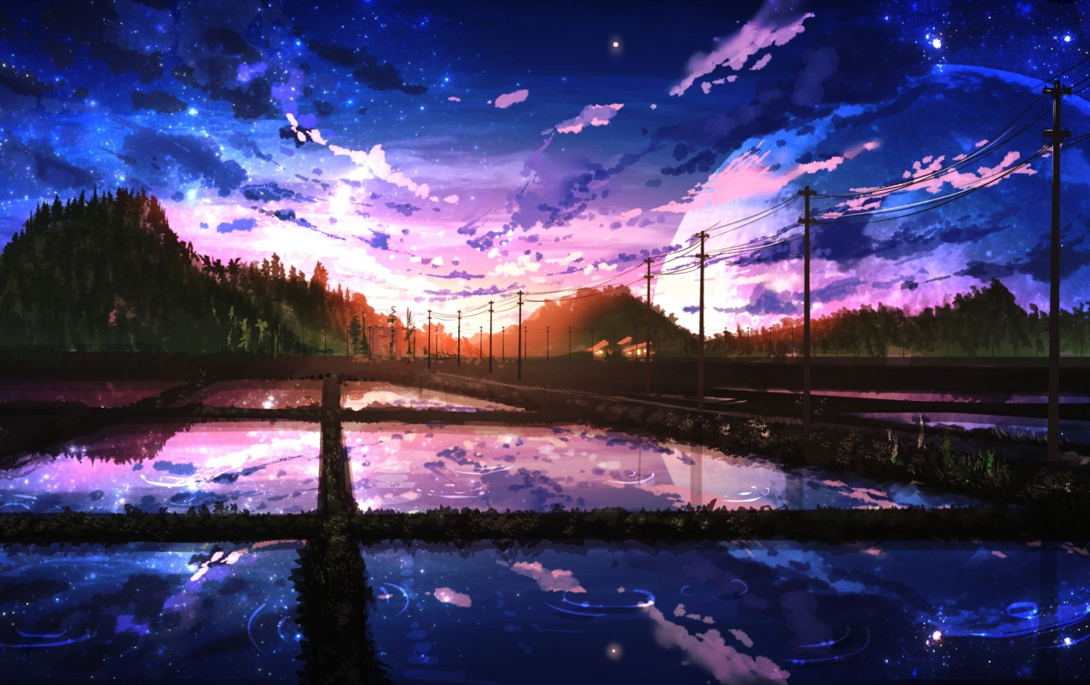 Download 1529x962 Anime Landscape, Scenic, Moon, Painting, Sky Wallpaper