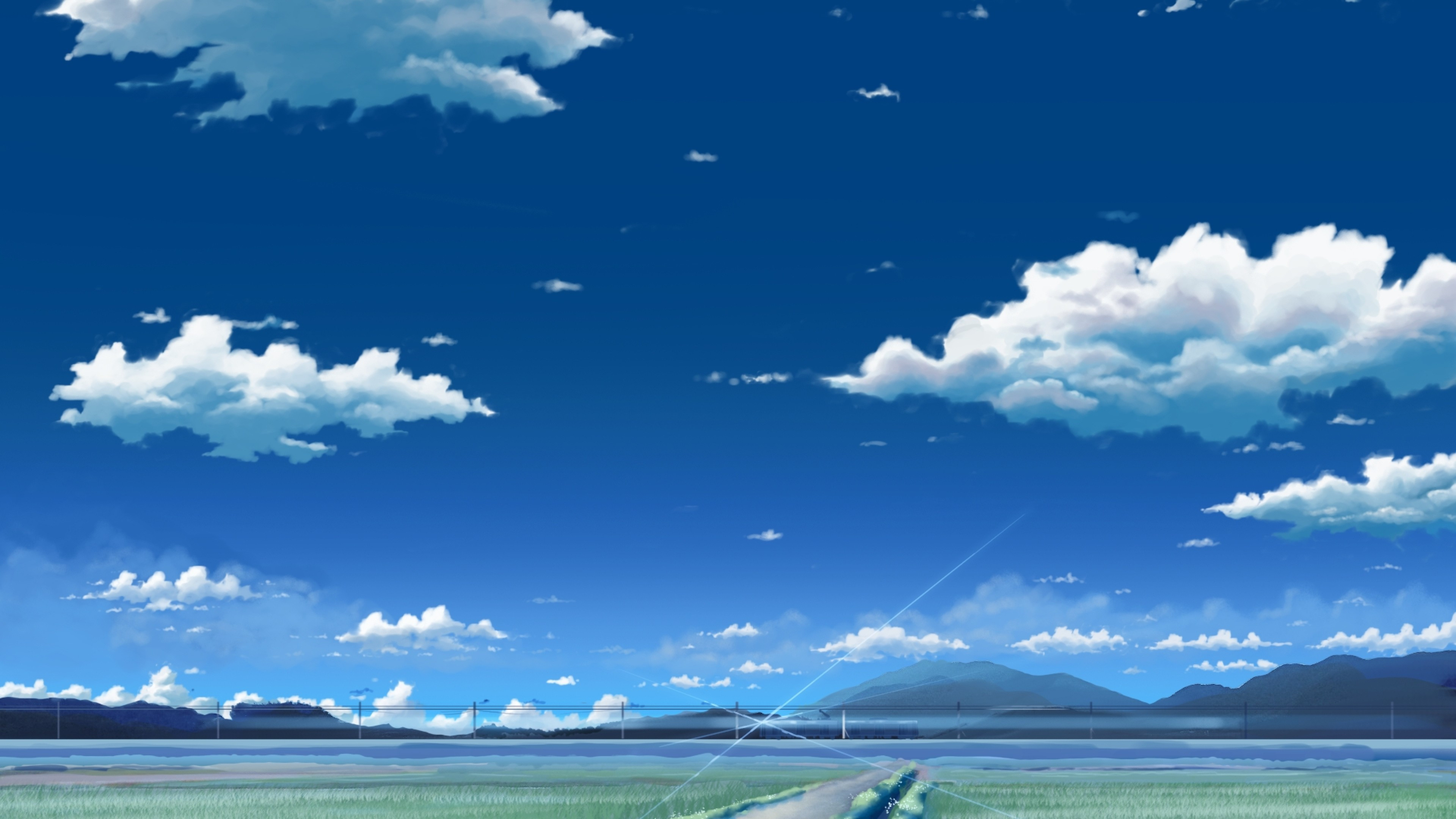 Download 3840x2160 Anime Landscape, Scenic, Field, Sky, Clouds, Path, Mountains Wallpaper for UHD TV