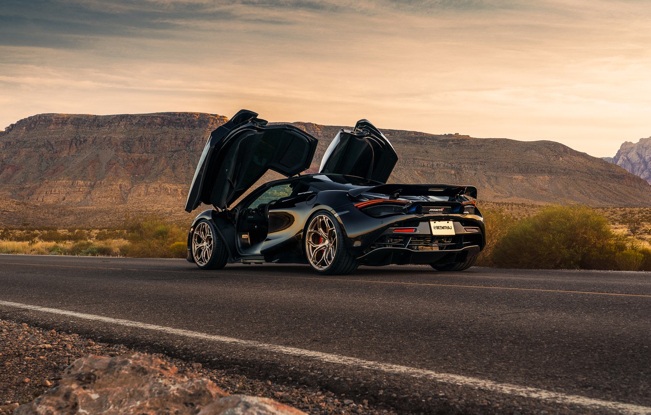 Wallpaper road, mountains, black, sports car, rear view, doors, McLaren 720S image for desktop, section mclaren