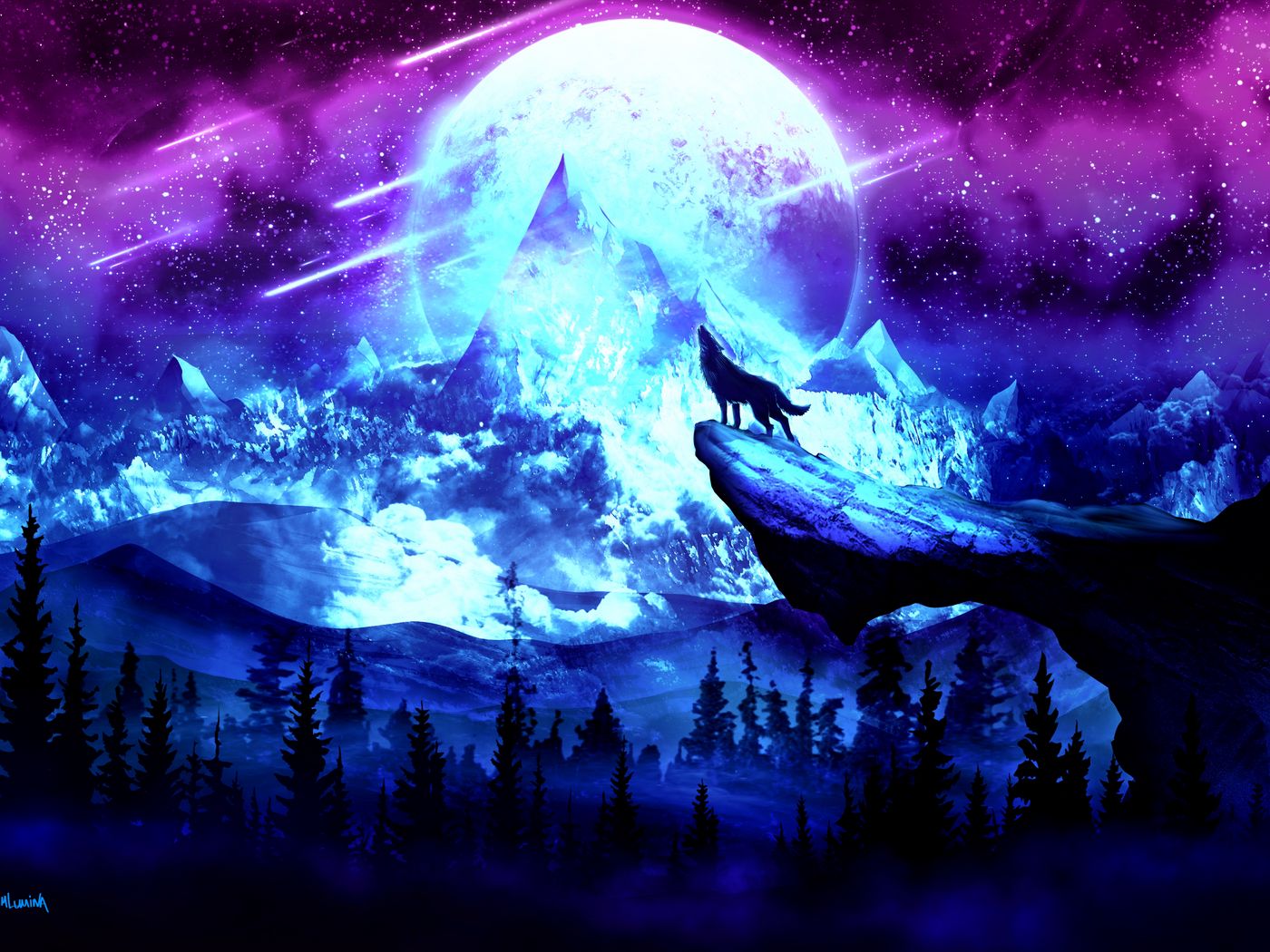Download wallpaper 1400x1050 wolf, moon, night, mountains, art standard 4:3 HD background