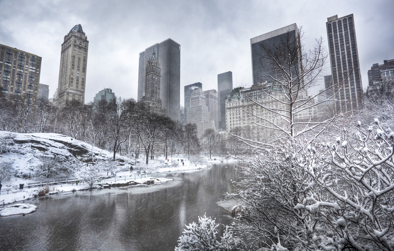 Wallpaper winter, trees, building, New York, Manhattan, skyscrapers, pond, Manhattan, New York City, Central Park, Central Park image for desktop, section город