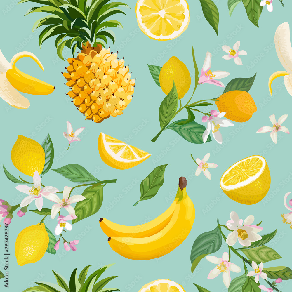 Wall mural Seamless Tropical Fruit pattern with lemon, banana, pineapple, fruits, leaves, flowers background. Hand drawn vector illustration in watercolor style for summer romantic cover, tropical wallpaper Nr. wallpaper digital printing