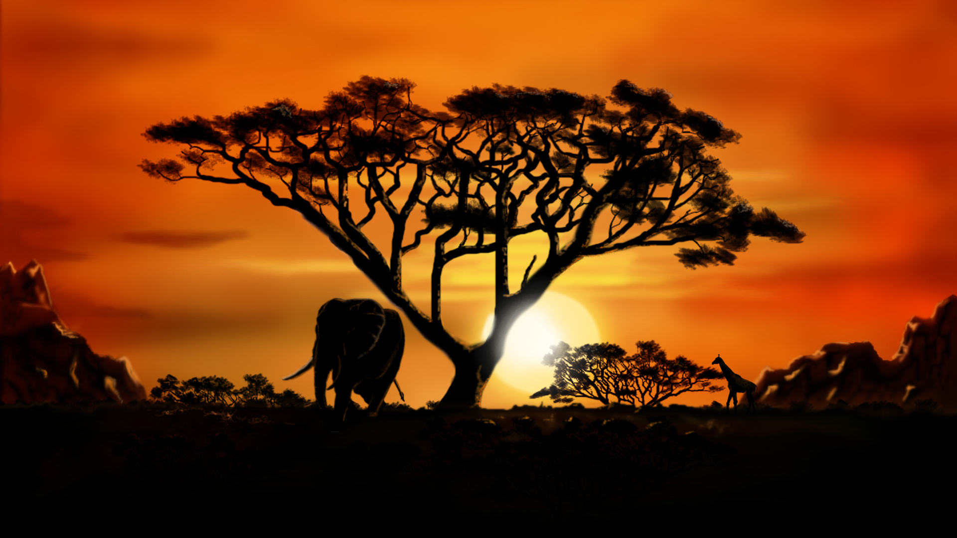 Sunset African Landscape Sun Tree Giraffe Elephant Silhouettes HD Wallpaper, Wallpaper13.com