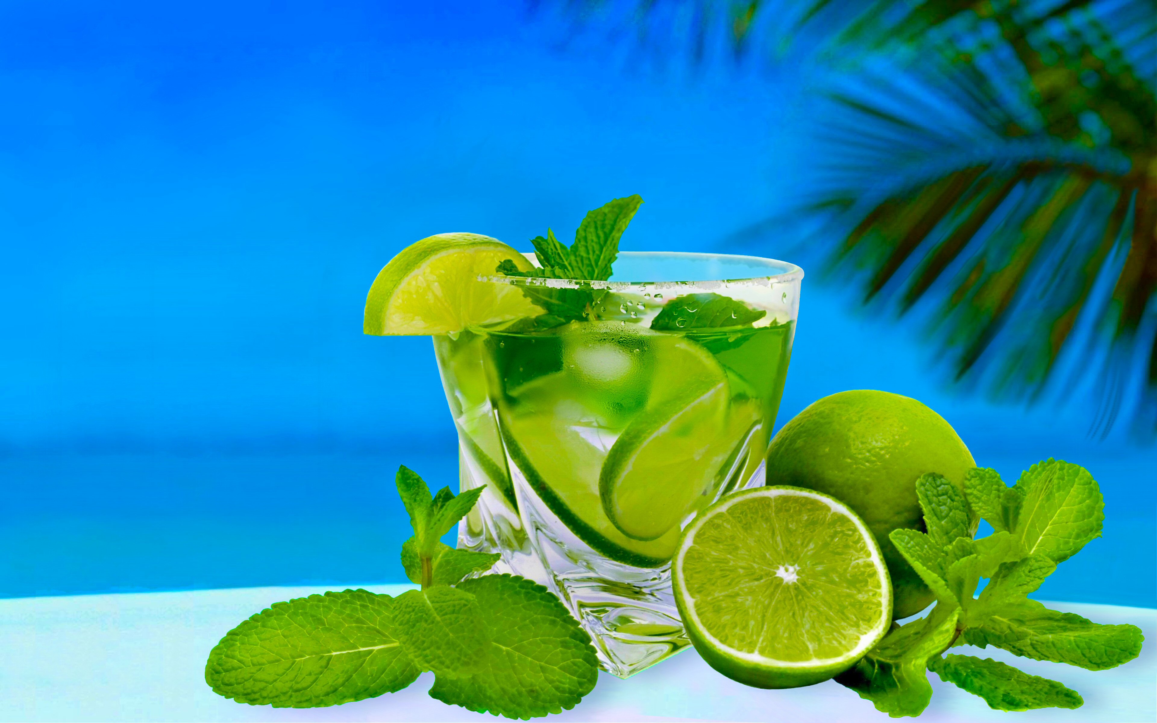 Drink Cocktail Mojito Blue Green Summer Sunny Glass Tropical Lemon Lime Wallpaper:3840x2400