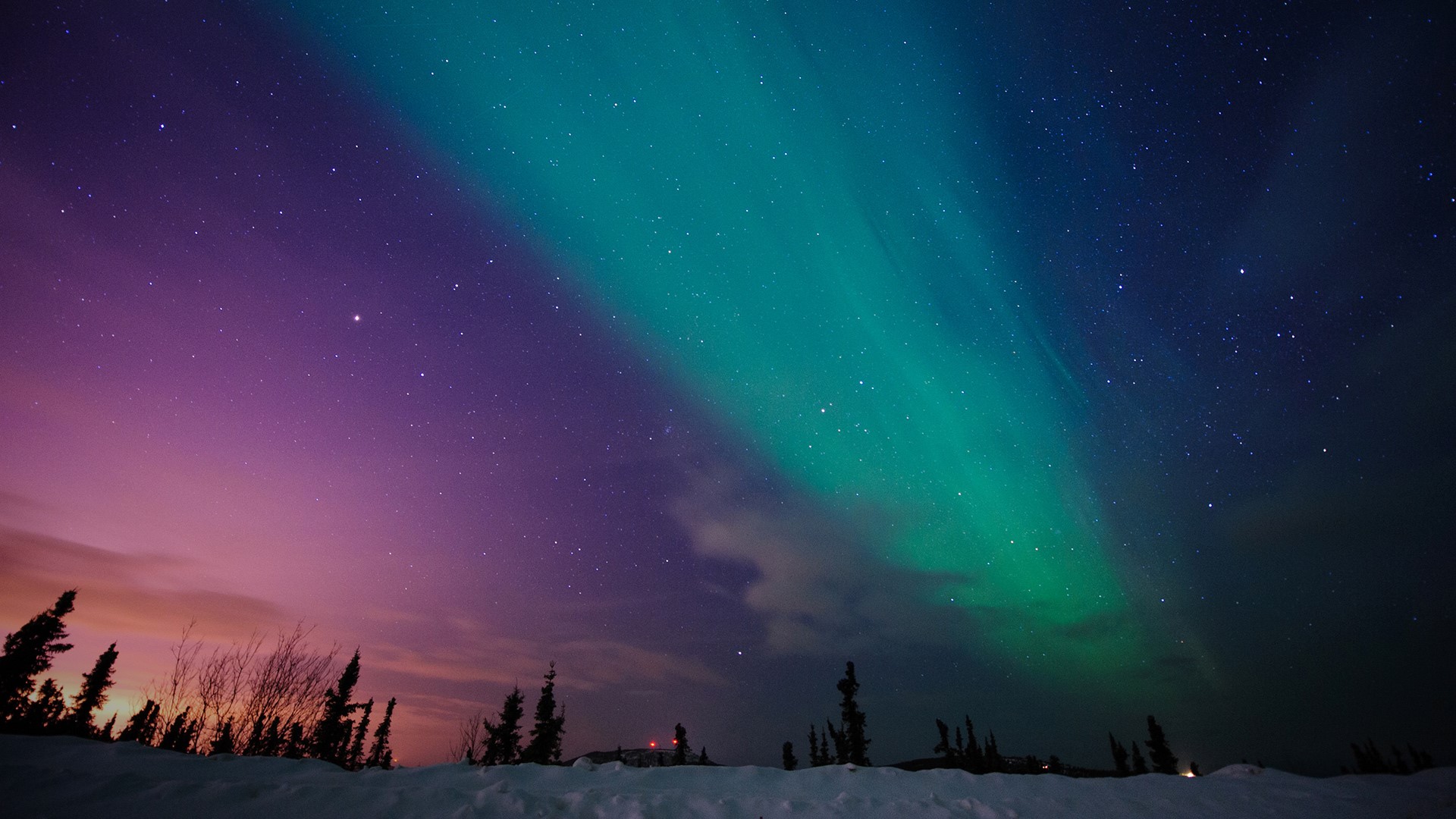 Aurora borealis above Fairbanks, Mt. Aurora, Skiland, Alaska, USA. Windows 10 Spotlight Image