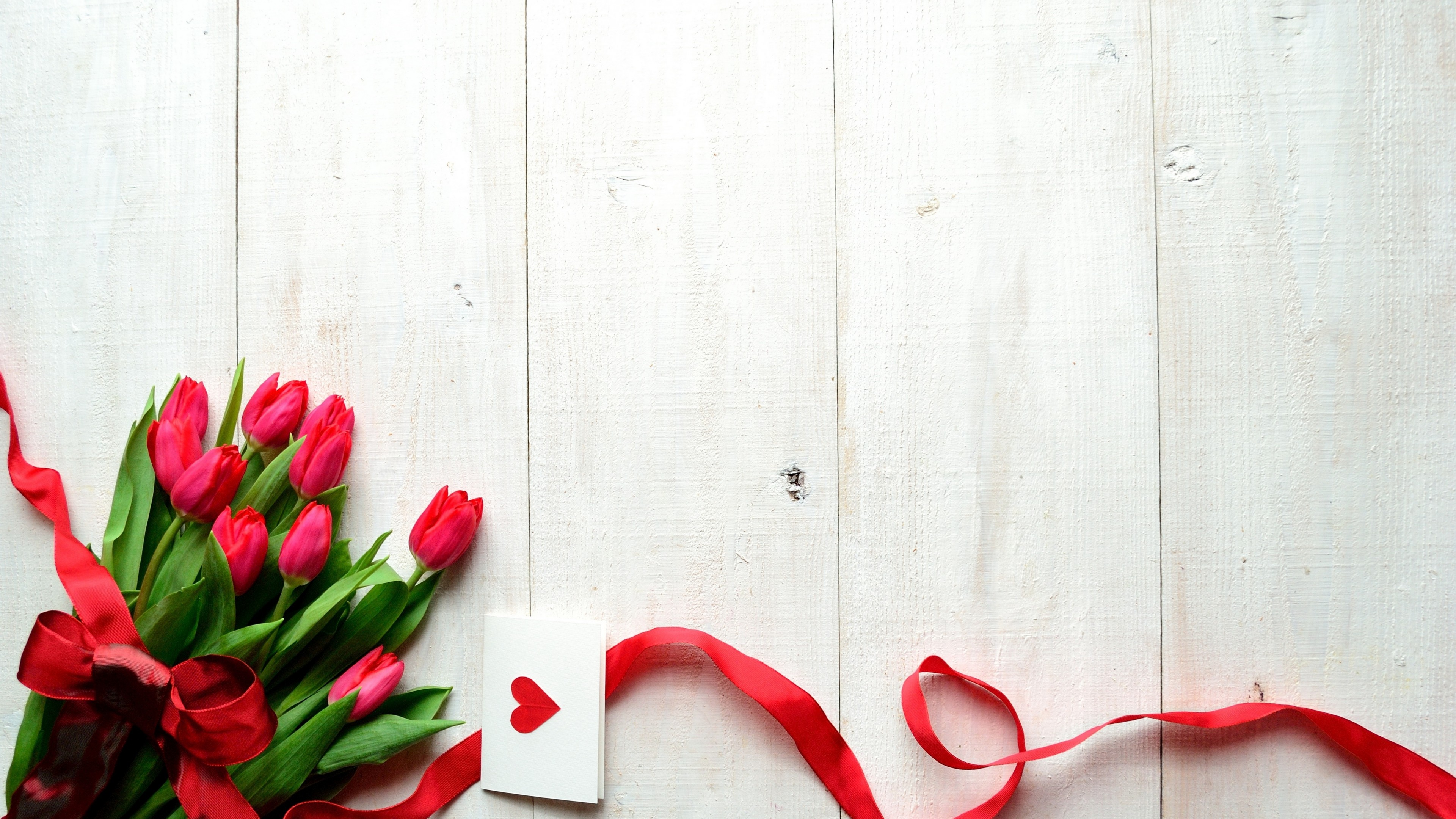 Wallpaper Valentine's Day, 5k, 4k wallpaper, 8k, flowers, tulips, hearts, ribbon, love, Nature