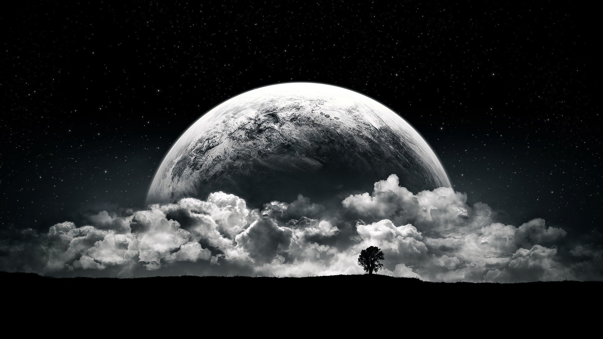 planet, Moon, Clouds, Stars, Night, Black, White Wallpaper HD / Desktop and Mobile Background