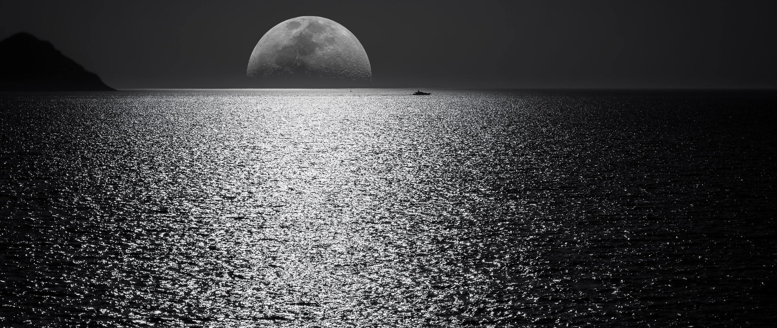 Black And White Moon Ocean During Night Time 2560x1080 Resolution HD 4k Wallpaper, Image, Background, Photo and Picture