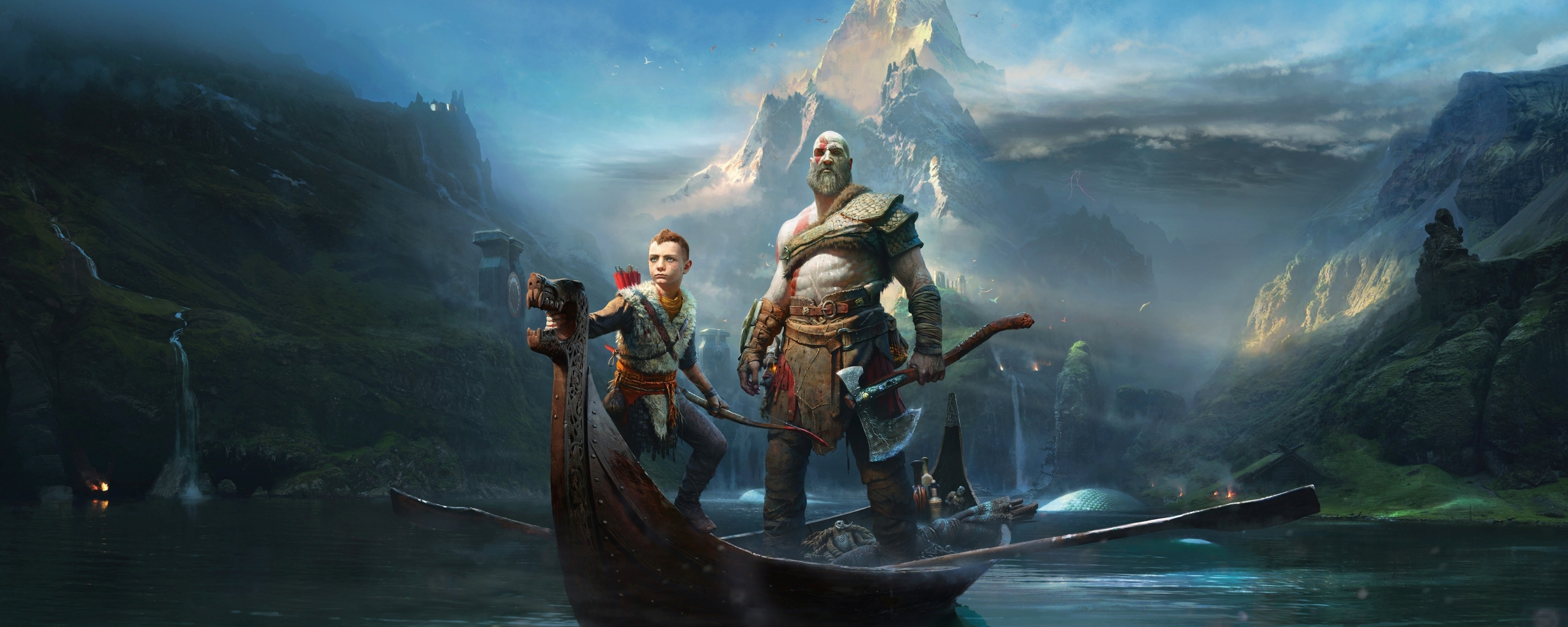 Wallpaper God Of War Mountains, Kratos, Boat, Artwork, Atreus:5336x2969