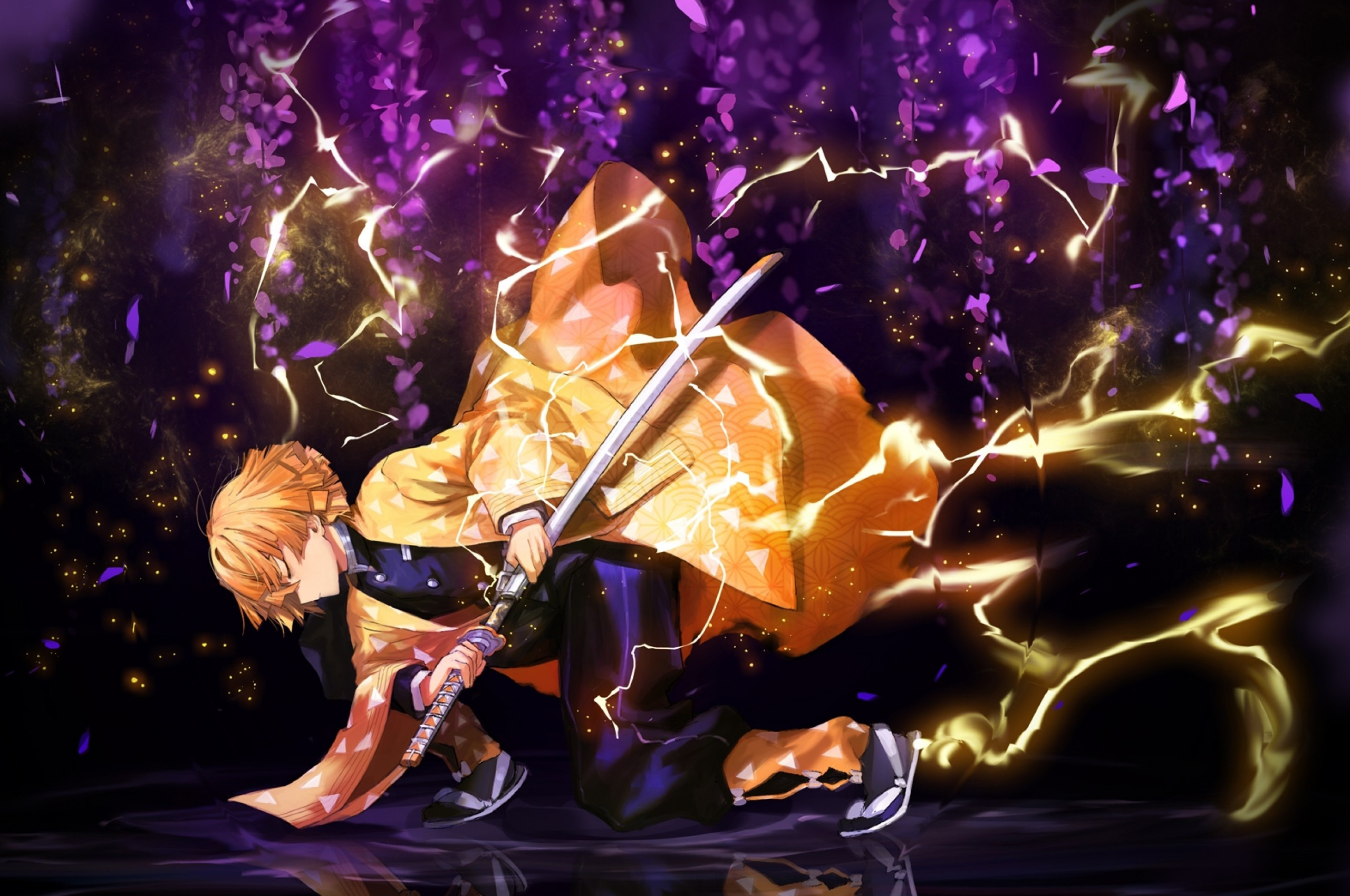 Download 2560x1700 Kimetsu No Yaiba, Agatsuma Zenitsu, Sword, Cape, Demon Slayer, School Uniform Wallpaper for Chromebook Pixel