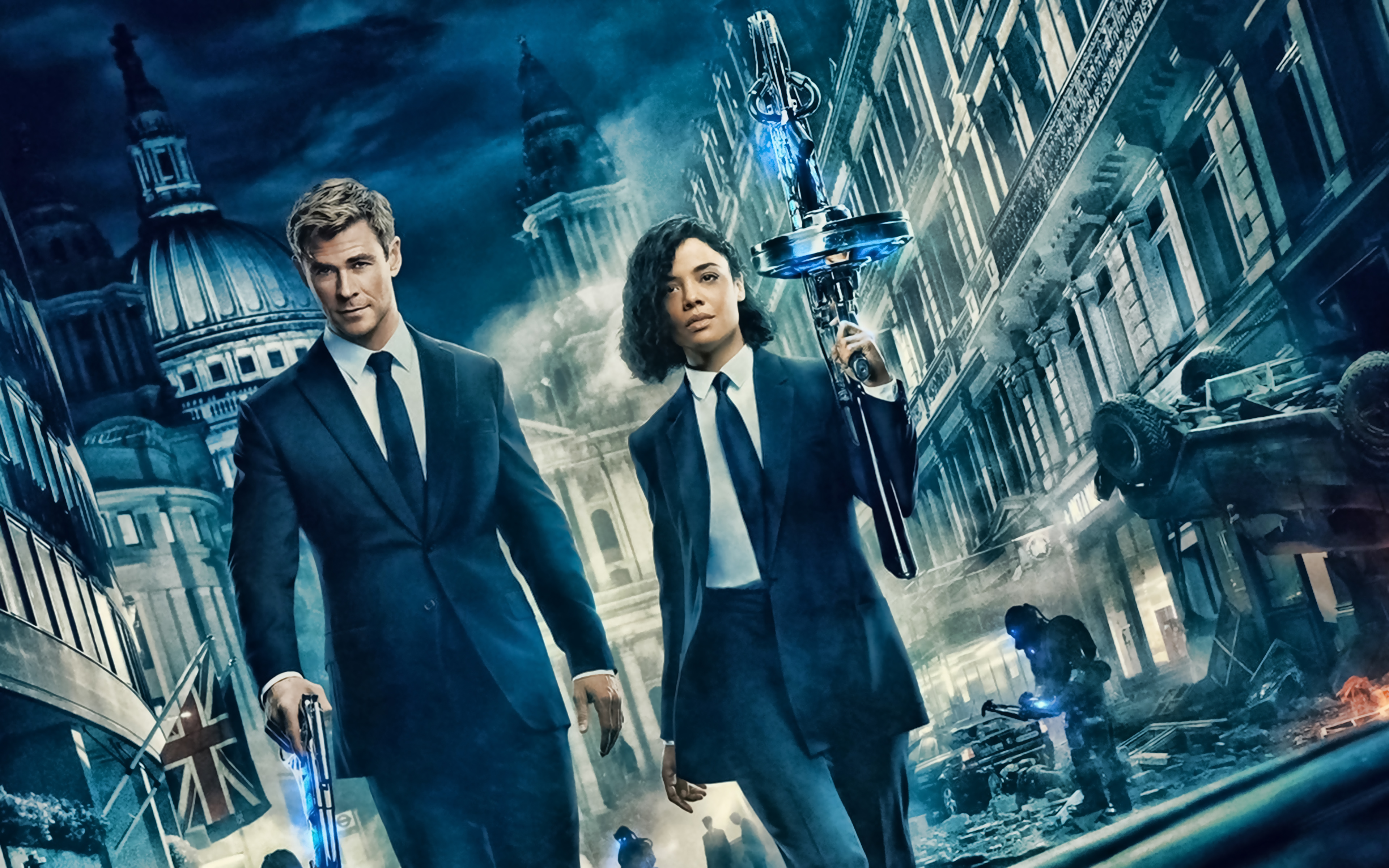 Download wallpaper 4k, Men In Black International, Agent H, Agent M, 2019 movie, Science fiction, Chris Hemsworth, Tessa Thompson for desktop with resolution 3840x2400. High Quality HD picture wallpaper