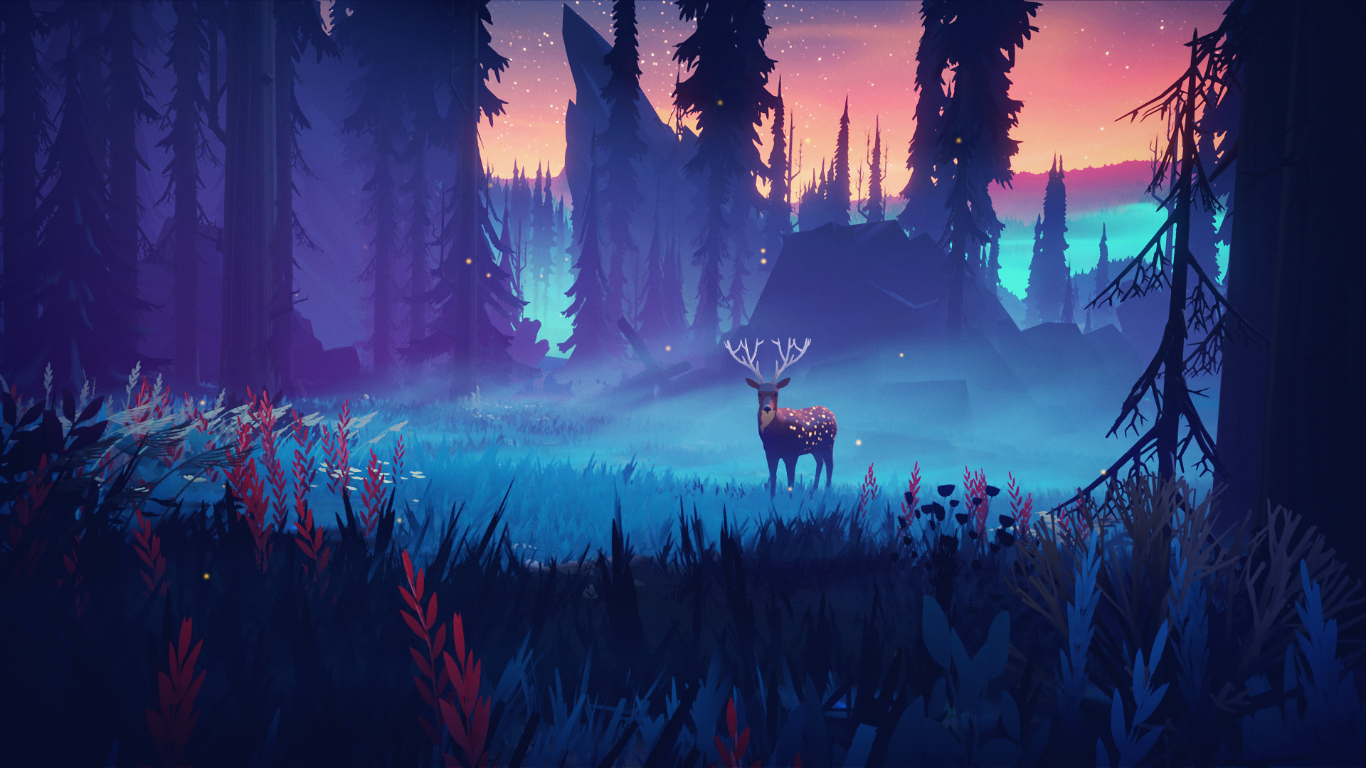 Stars Fantasy Art Digital Art Deer Plants Grass Forest Twilight Video Games