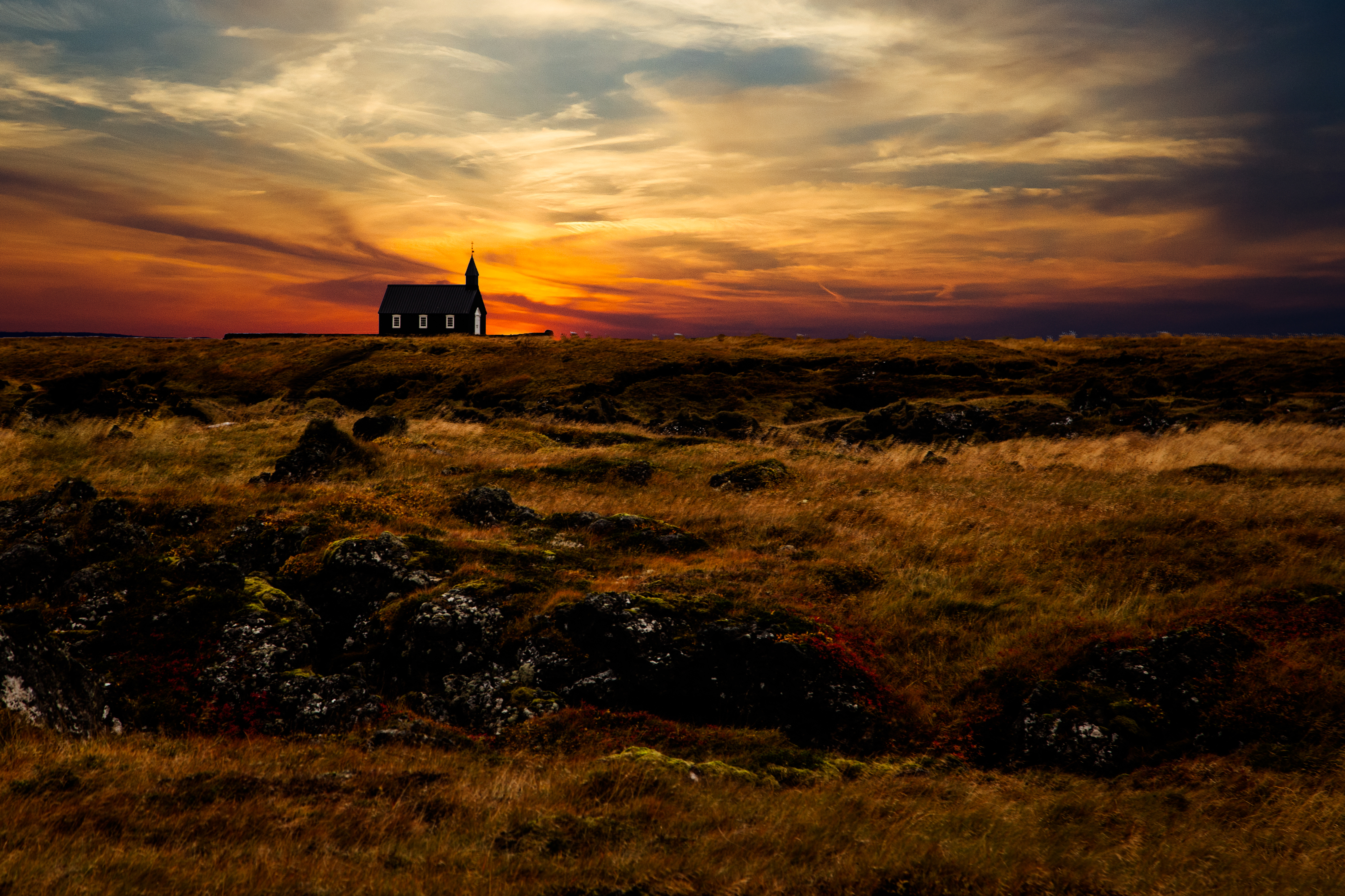 Download wallpaper 4679x3119 church, temple, horizon, sunset, grass, sky, iceland HD background