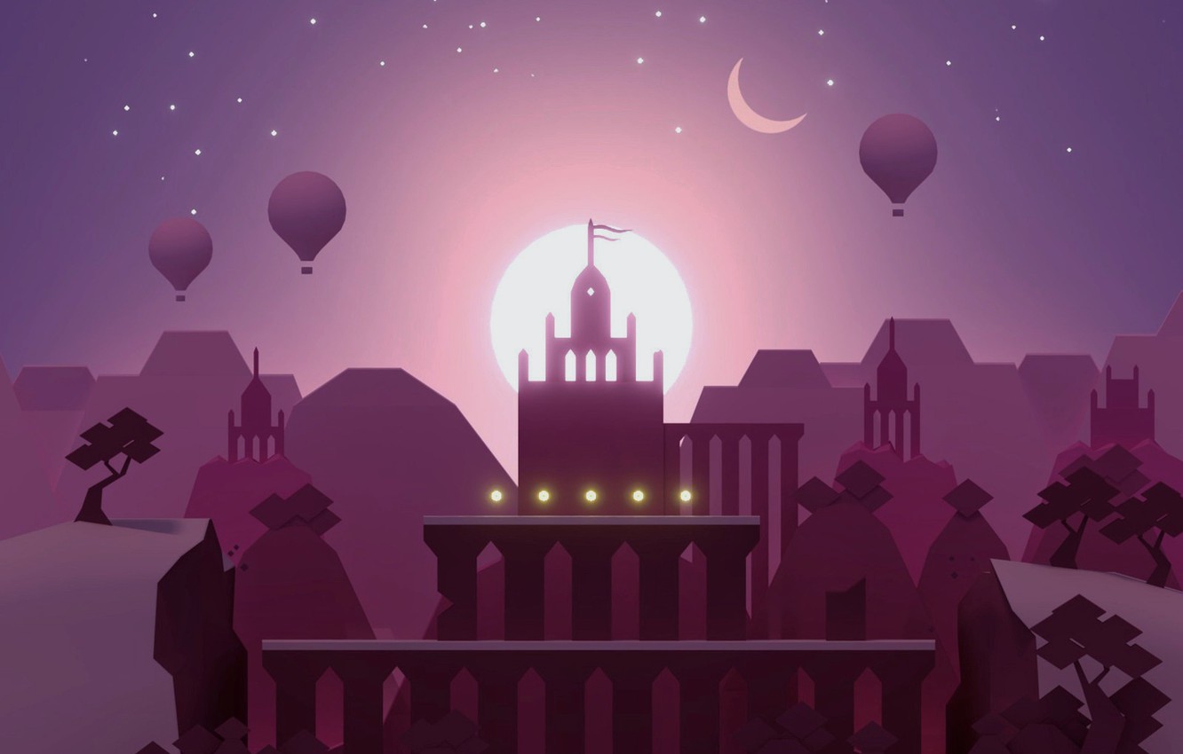 Wallpaper Pink, Android, Purple, Games, Stars, Landscape, Tree, Sunset, Snow, Temple, iOS, Minimalism, Hill, Adventure, Cliff, 3D image for desktop, section игры