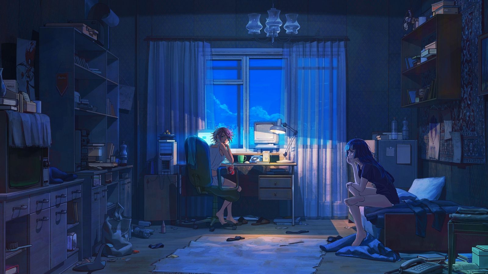 Download Wallpaper 1600x900 Night, Room, Girls, Friends, Things. Anime wallpaper 1920x Anime scenery wallpaper, Anime scenery