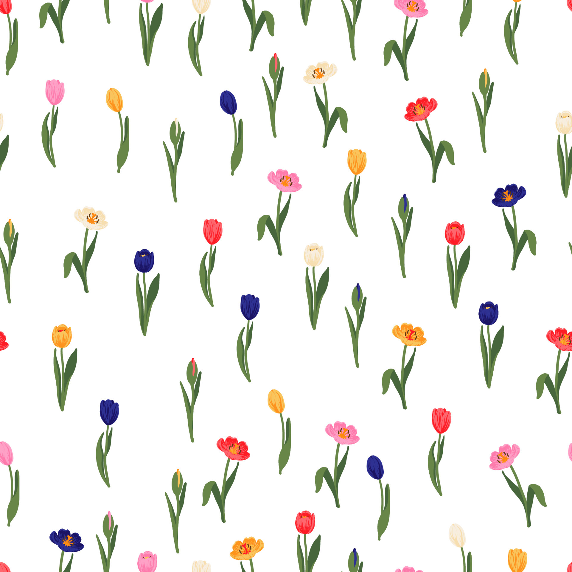 Seamless floral pattern red, yellow, purple, pink tulips and green leaves. Spring flowers background for wrapping, textile, wallpaper, scrapbook, Easter, Happy Mothers, Womens Day. Flat cartoon design