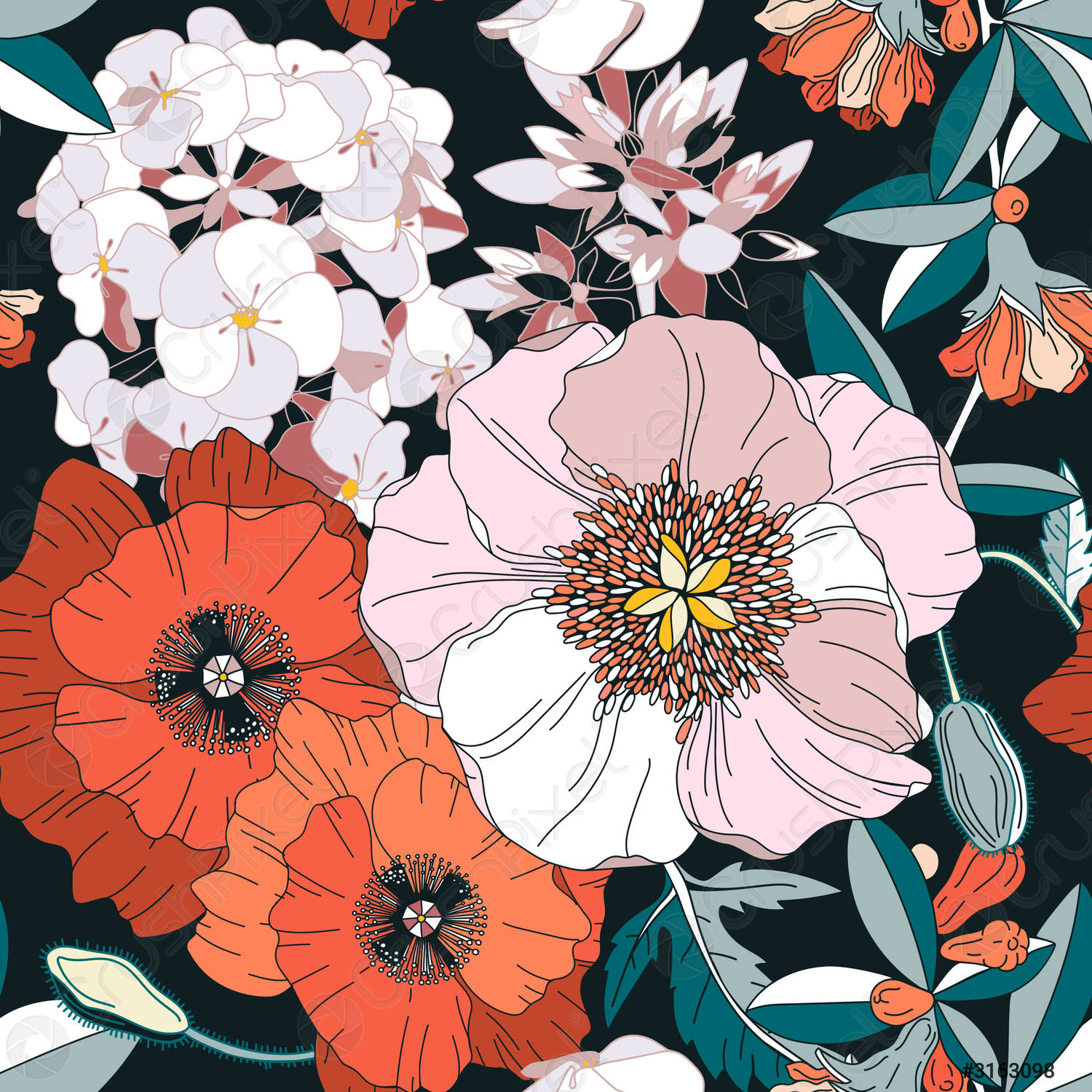 Vector seamless pattern with spring flowers on dark background Botanical