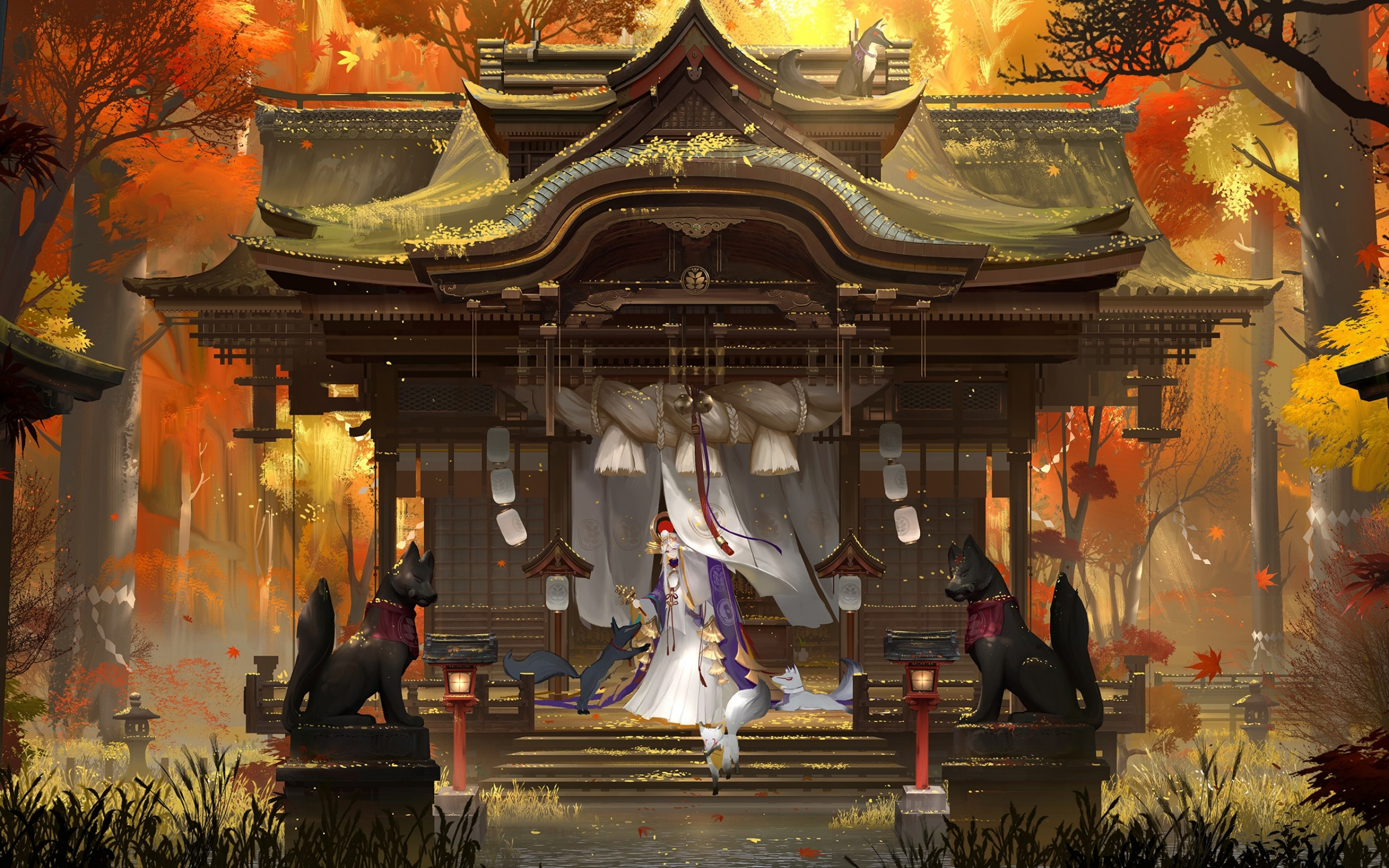Download 2560x1600 Anime Landscape, Creatures, Shrine, Forest, Statue, Miko, Japanese Clothes, Autumn Wallpaper for MacBook Pro 13 inch
