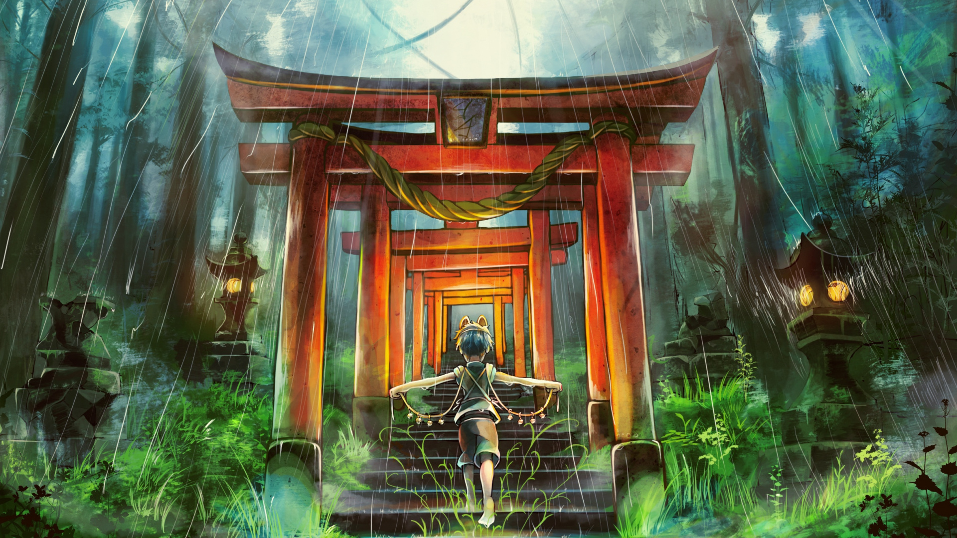 Download Shrine, rain, anime, original, art wallpaper, 1920x Full HD, HDTV, FHD, 1080p