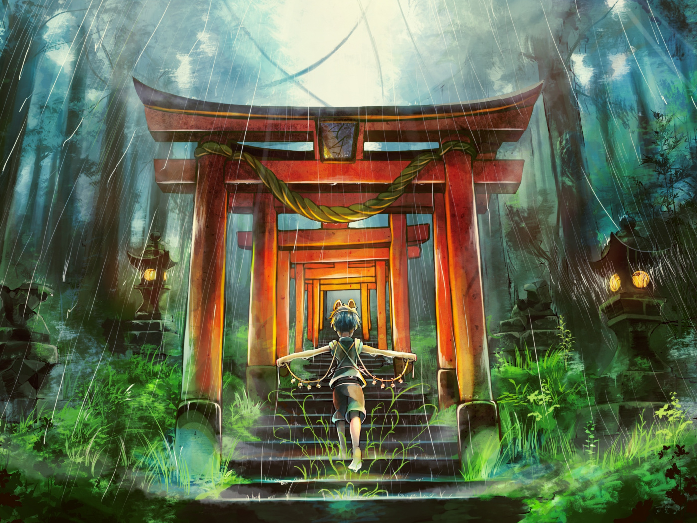 Download Shrine, rain, anime, original, art wallpaper, 1400x Standard 4: Fullscreen