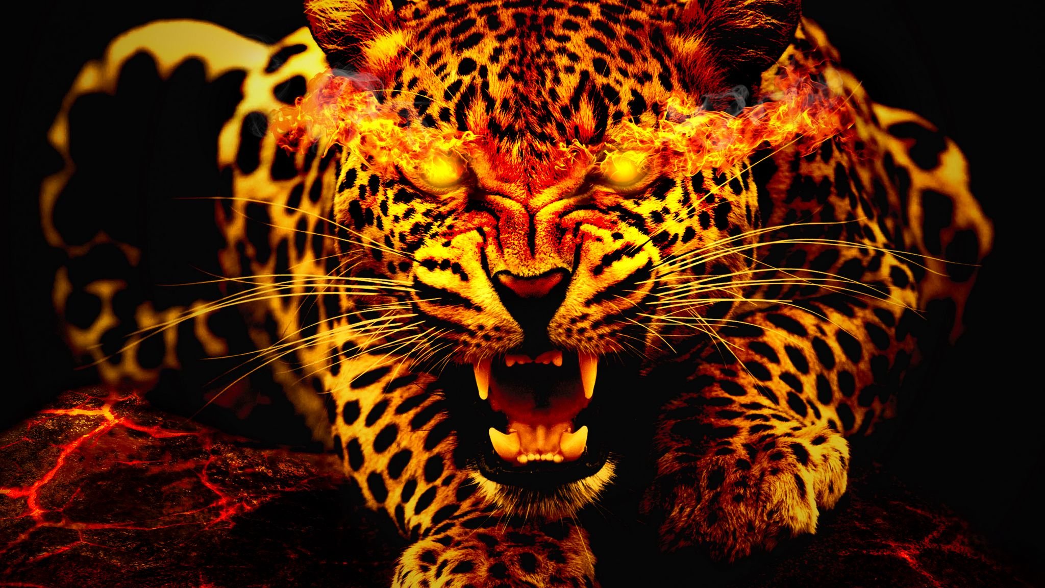 Download wallpaper 2048x1152 leopard, fire, jaws ultrawide monitor HD background