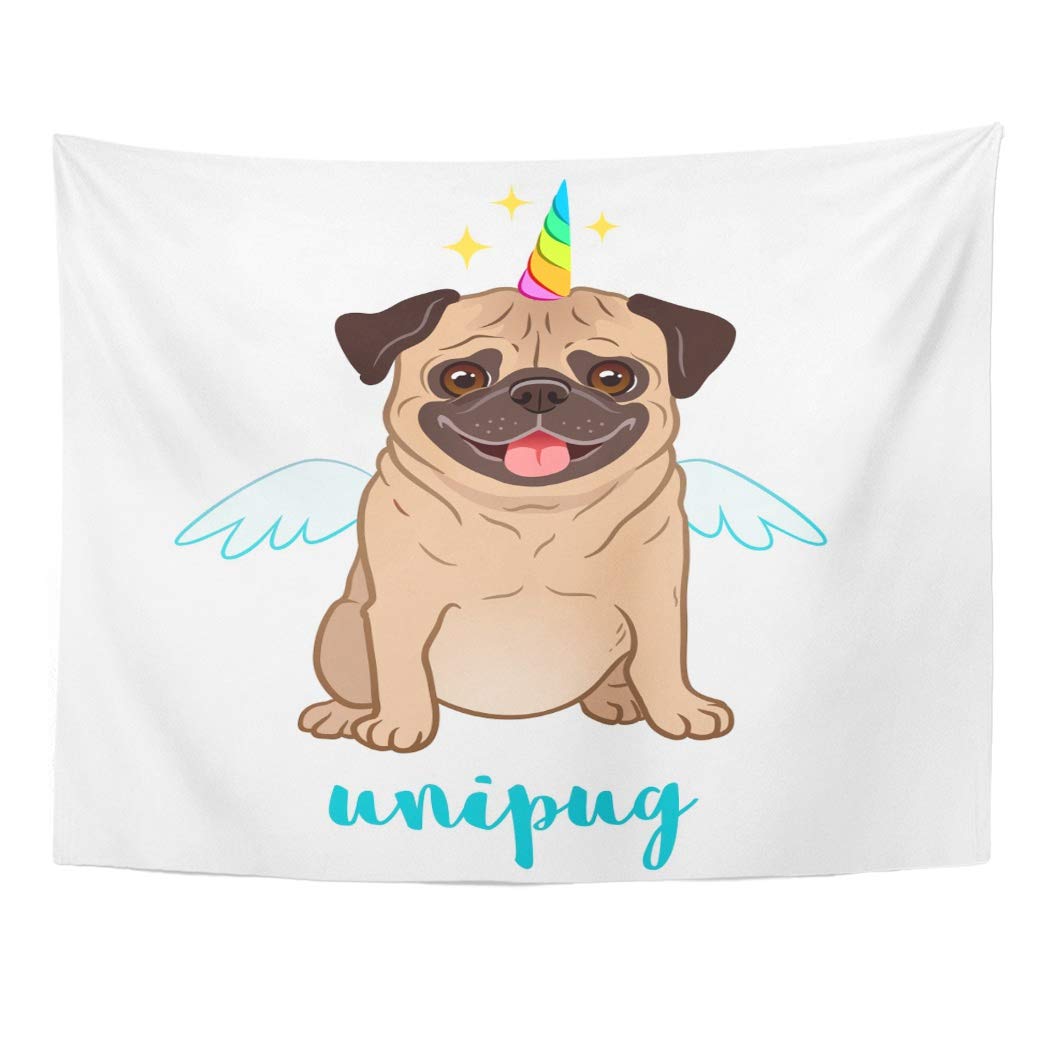ZEALGNED Unicorn Pug Dog Horn and Wings Cartoon Cute Funny Chubby Unipug Puppy Smiling Tongue Out White Humorous Wall Art Hanging Tapestry Home Decor for Living Room Bedroom Dorm 51x60 inch