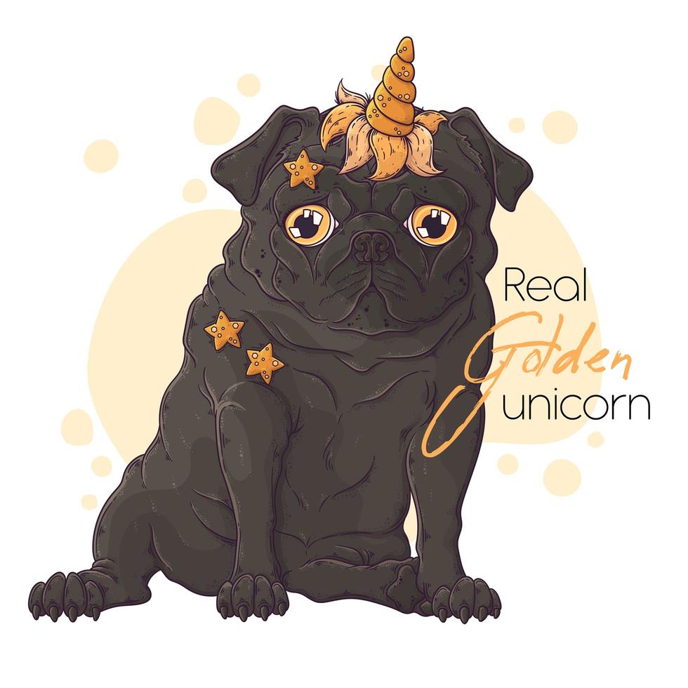 Hand drawn portrait of the pug dog with unicorn horn Vector
