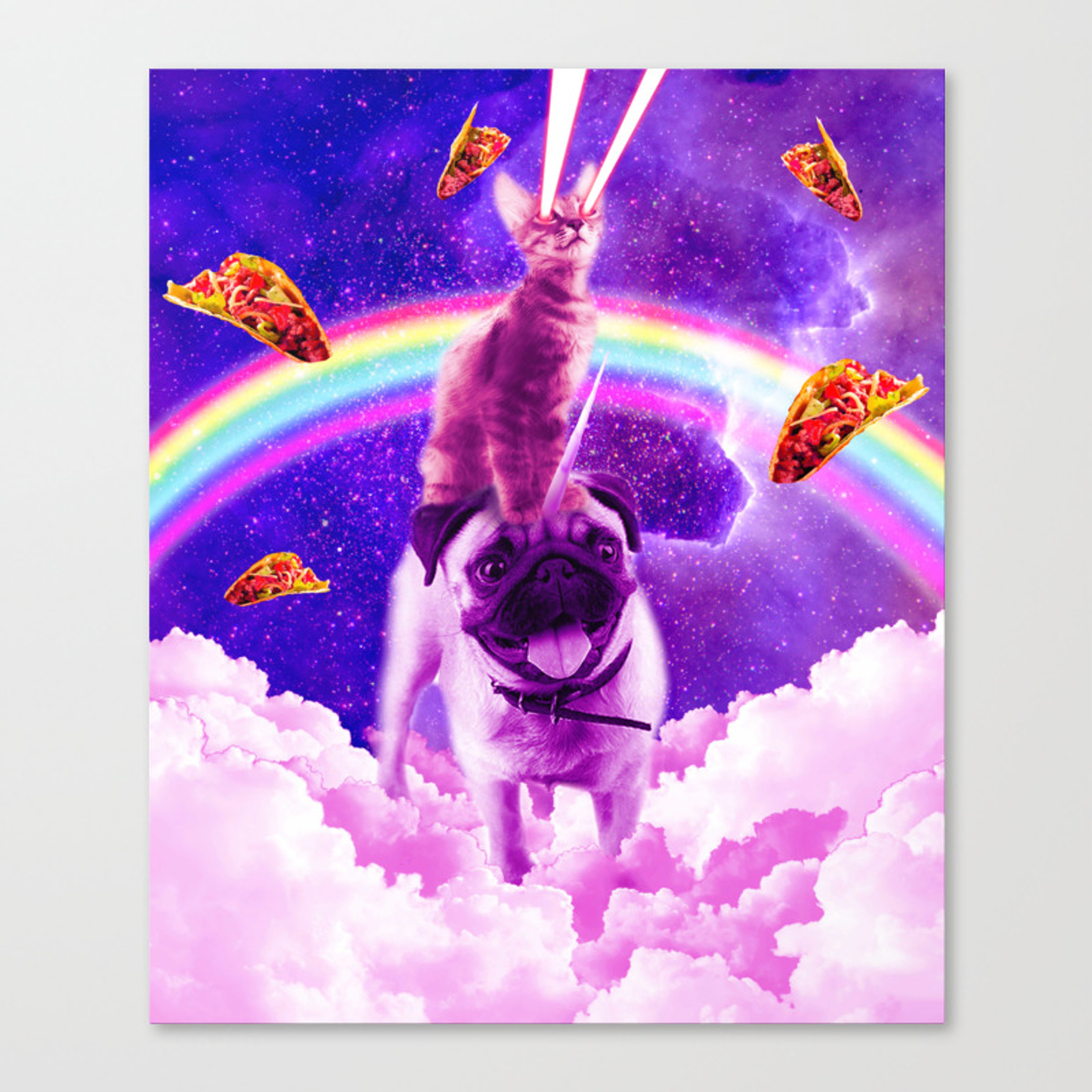 Cosmic Cat Riding Unicorn Pug Canvas Print