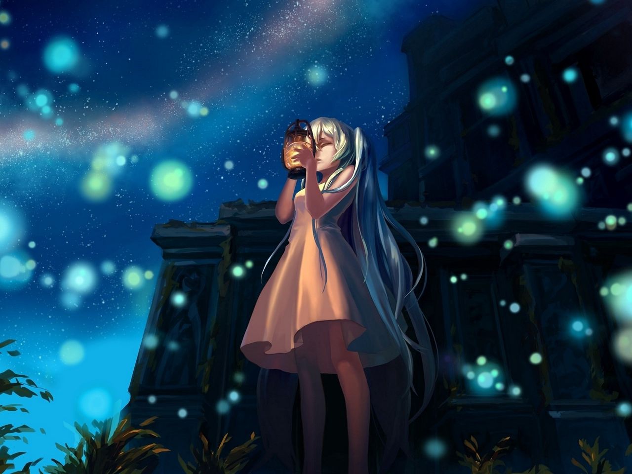 Download wallpaper 1280x960 anime, girl, glow, lights, night, lamp standard 4:3 HD background