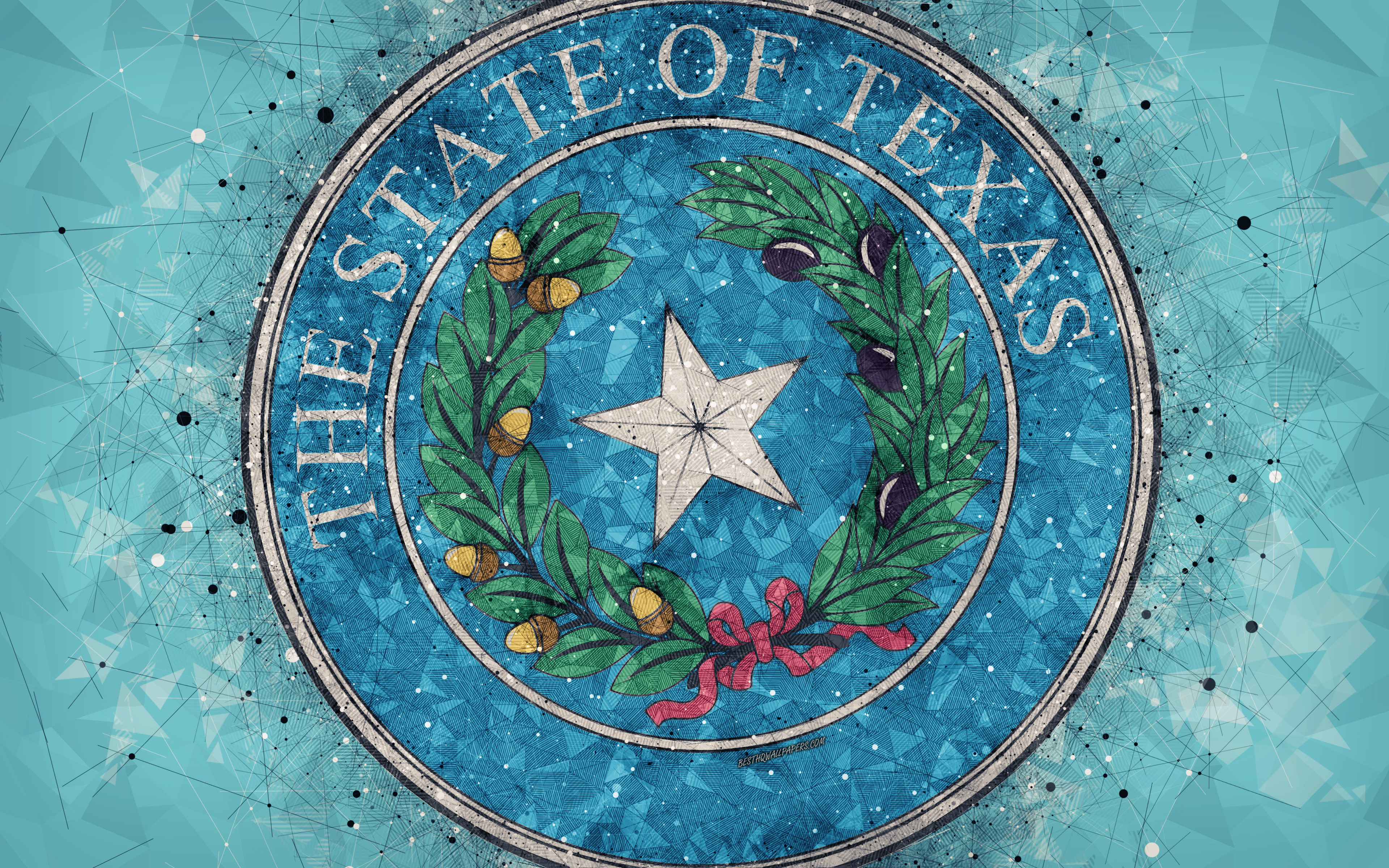 Download wallpaper Seal of Texas, 4k, emblem, geometric art, Texas State Seal, American states, blue background, creative art, Texas, USA, state symbols USA for desktop with resolution 3840x2400. High Quality HD picture