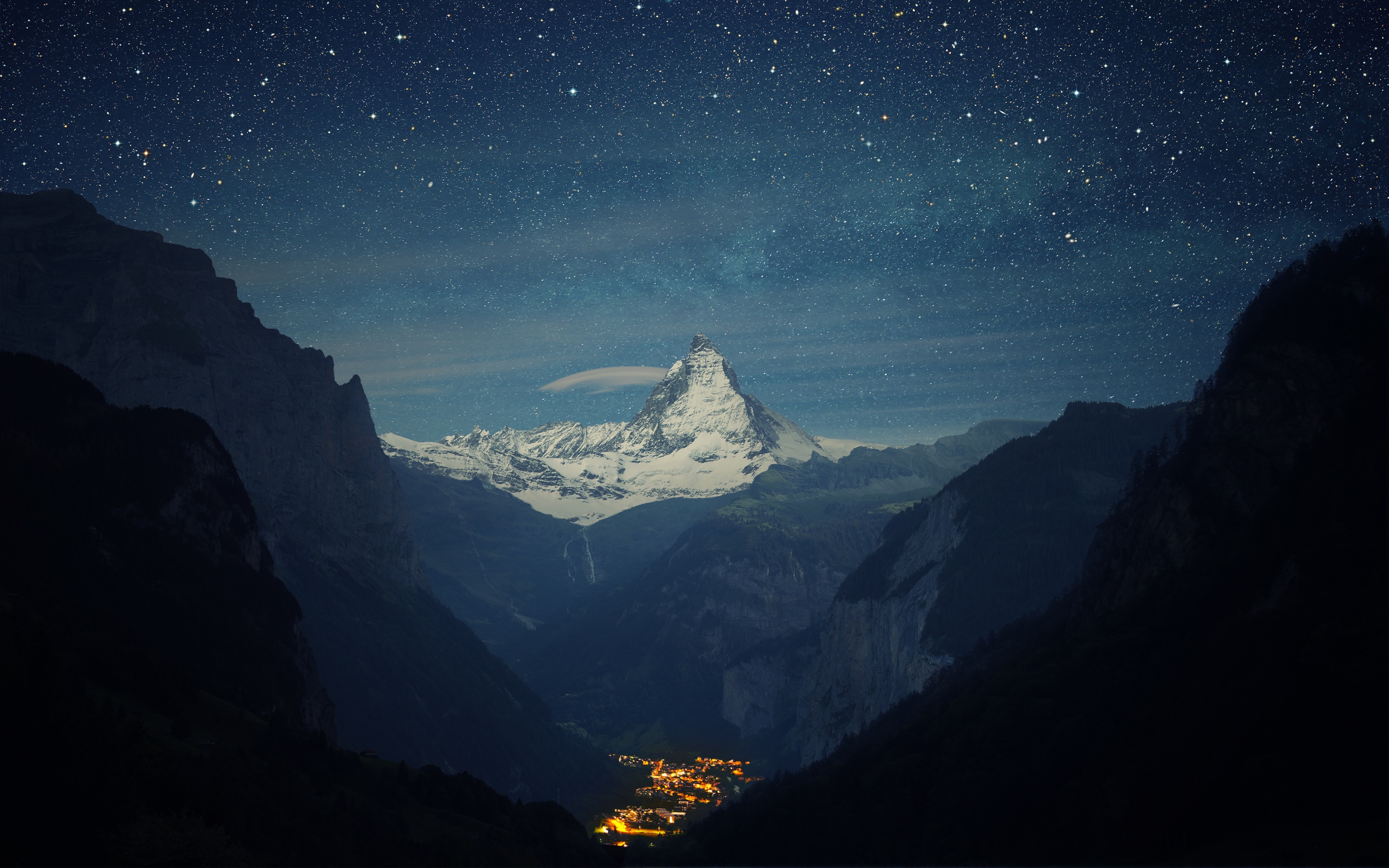Matterhorn Wallpaper 4K, Lauterbrunnen valley, Mountain Peak, Night time, World