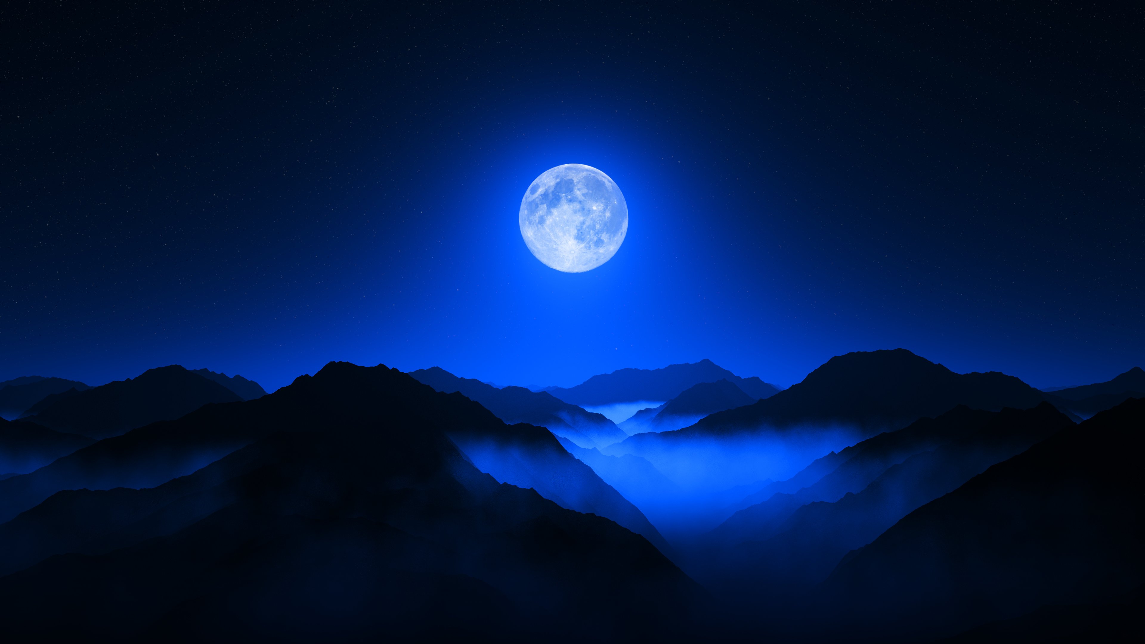 Twilight Moon, Valley, Mountain range, Night sky, Foggy, Silhouette, Aerial view, 4k Free deskk wallpaper, Ultra HD