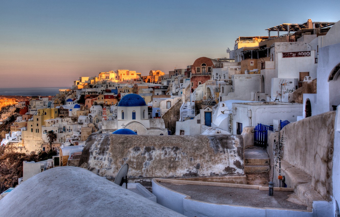Wallpaper the sun, nature, the city, sunrise, stones, building, home, morning, Santorini, Greece, Church, dome, Santorini, Oia, Greece, The Aegean sea image for desktop, section город