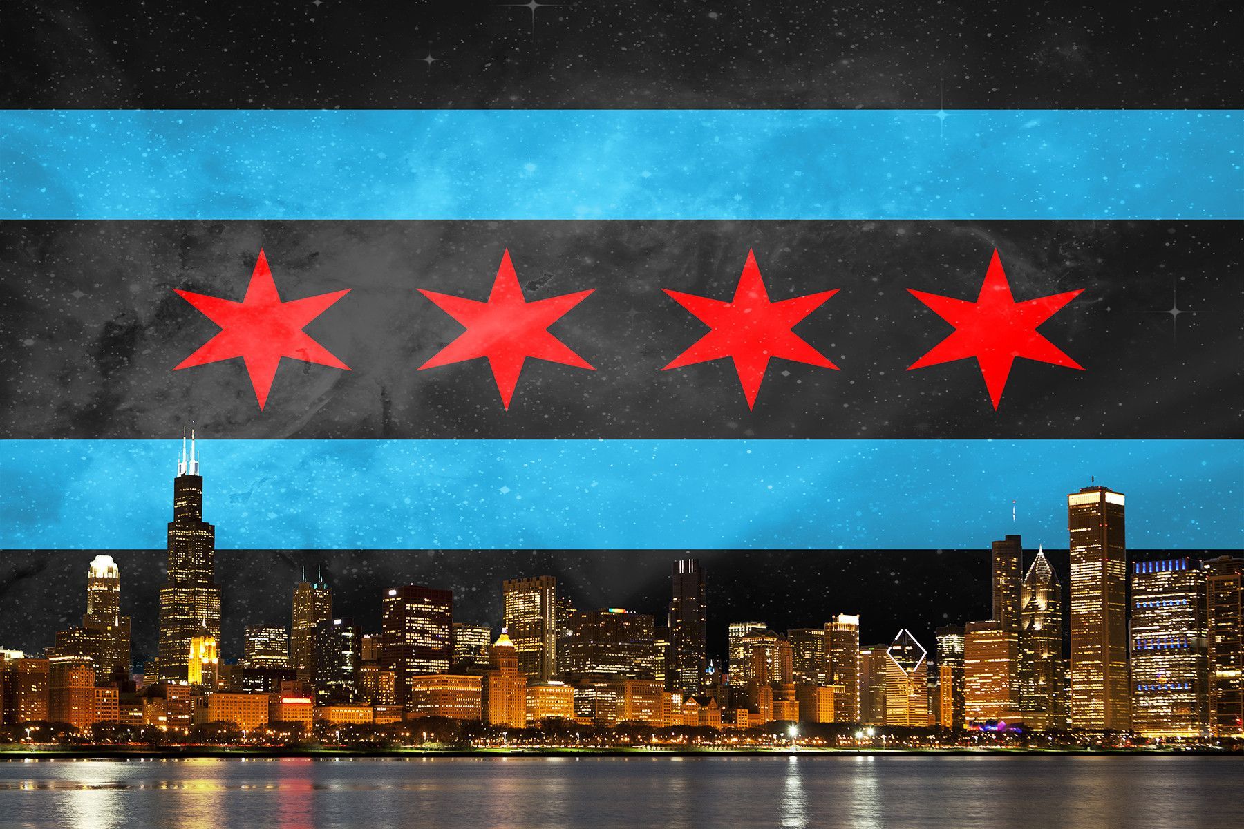 Black Chicago Flag Skyline. Chicago flag art, Wall graphics, Chicago flag