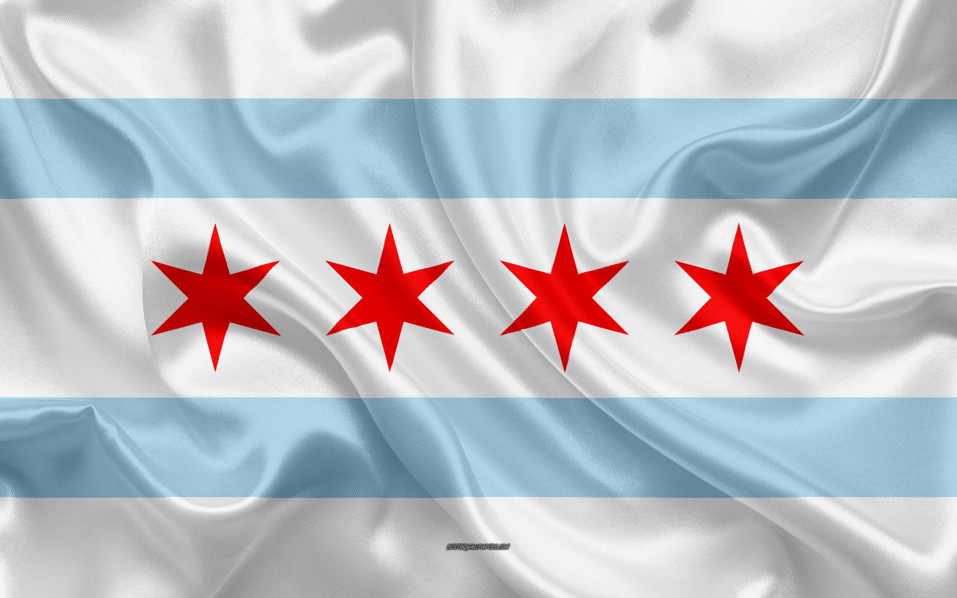 Download wallpaper Flag of Chicago, 4k, silk texture, american city, blue white silk flag, Chicago flag, Illinois, USA, art, United States of America, Chicago for desktop with resolution 3840x2400. High Quality HD