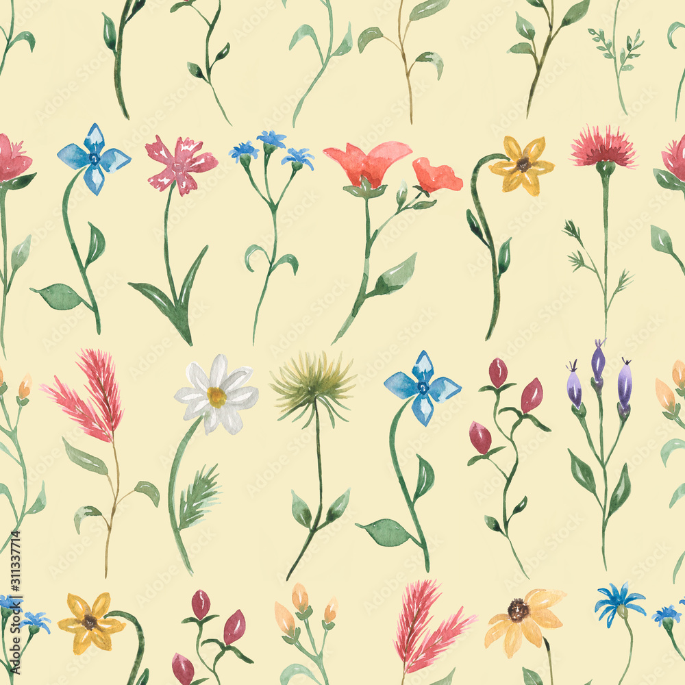 Watercolor wildflower floral pattern, delicate flower wallpaper with field flowers, meadow wildflowers on yellow background. Stock Illustration