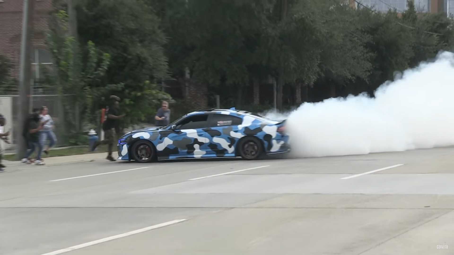 Dumb Dodge Charger Driver Hits Crowd After Burnout Fail, Flees Scene