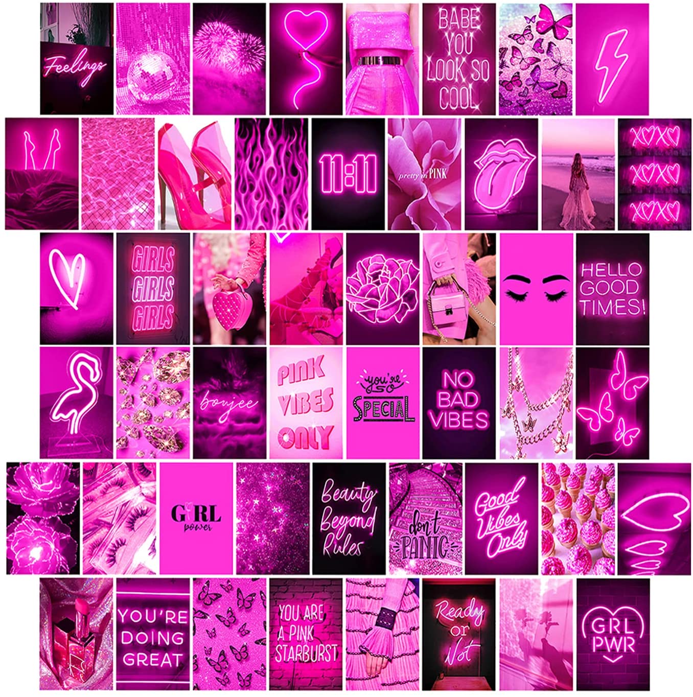Woonkit Pink Neon Wall Collage Kit Aesthetic Picture, Trendy Room Decor for Teen Girls, Pink Collage Kit, Hot Pink Room Decor, Pink Room Decor Aesthetic, Hot Pink Wall Decor, 50pcs 4x6