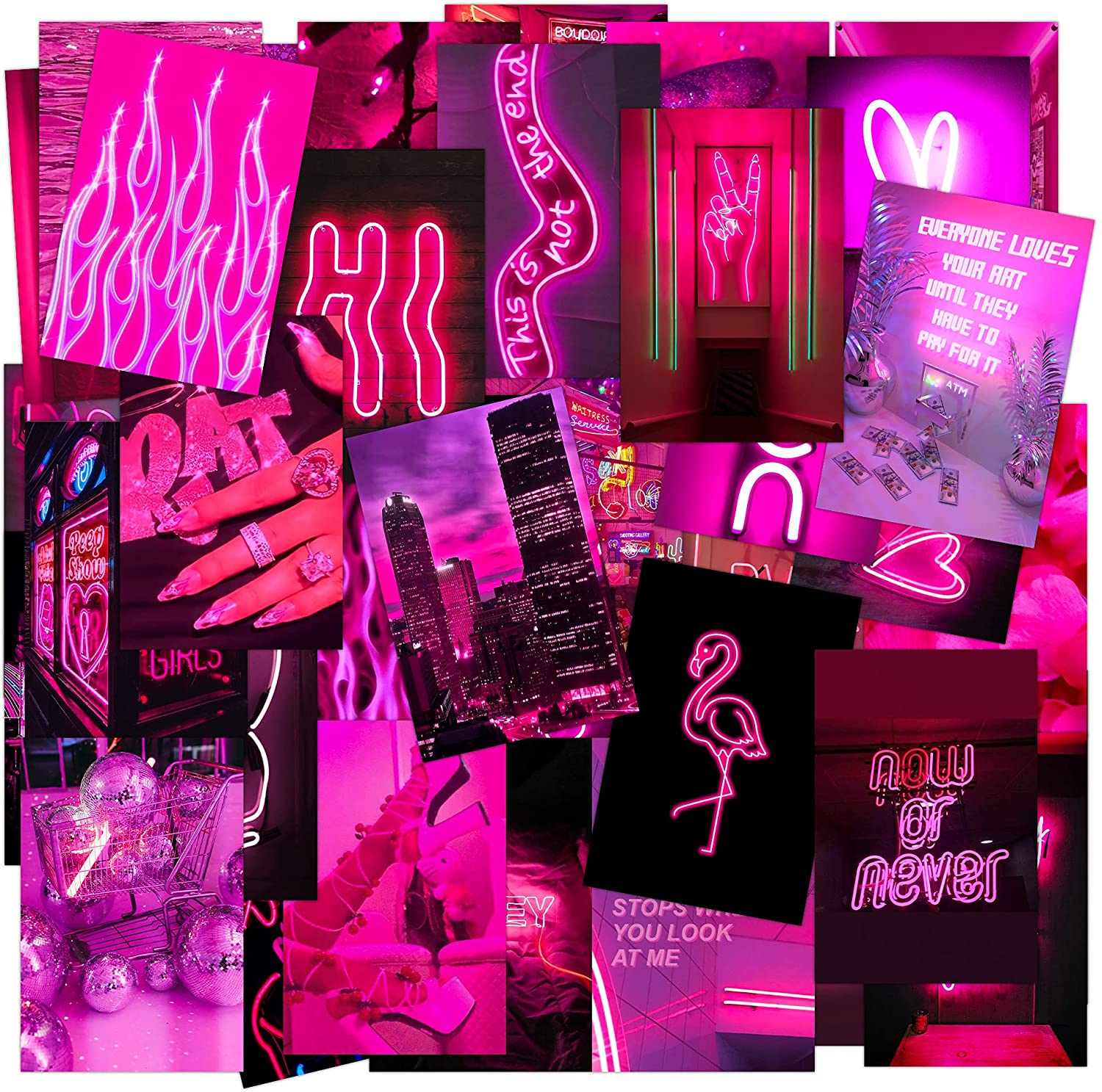 8TEHEVIN 50PCS Pink Neon Aesthetic Picture Wall Collage Kit, Aesthetic Posters for Dorm Photo Wall Decor, Wall Art Prints for Boys Girls, Neon Posters Collections, Bedroom Decor for Teen Girl: Posters