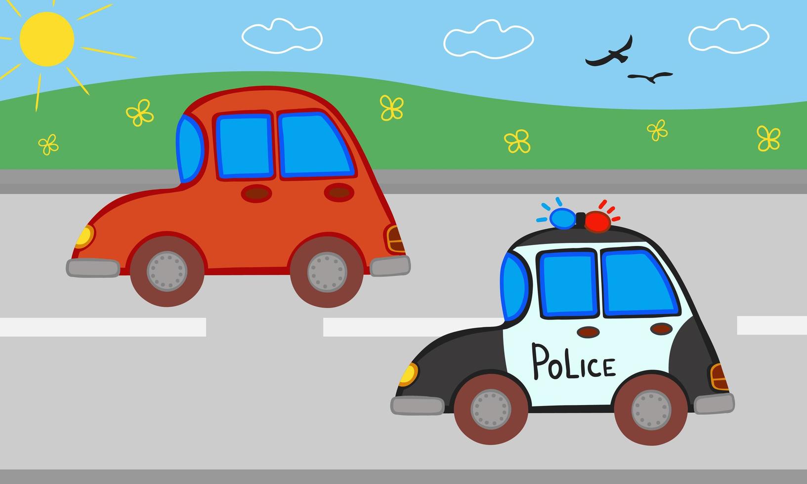 Police car, orange car driving along the road. Illustration for printing, background, wallpaper, covers, packaging, greeting cards, posters, stickers, textile, seasonal design