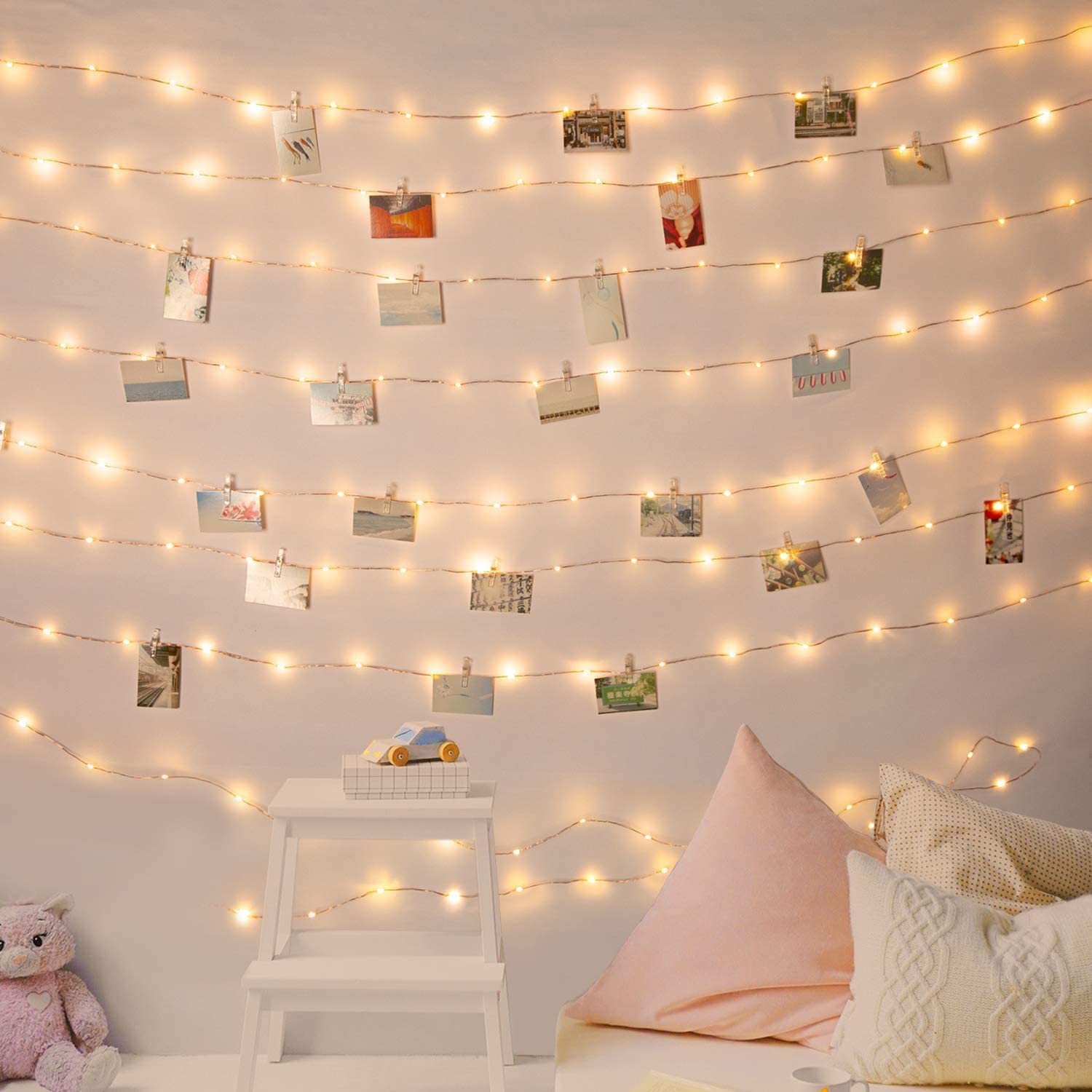 Photo Clip String Lights 33Ft with 60 Clips 100 LED Twinkle Fairy Light Battery Operated for Hanging Picture with Timer and 8 Lighting Modes for Christmas Party Wall Indoor Decoration