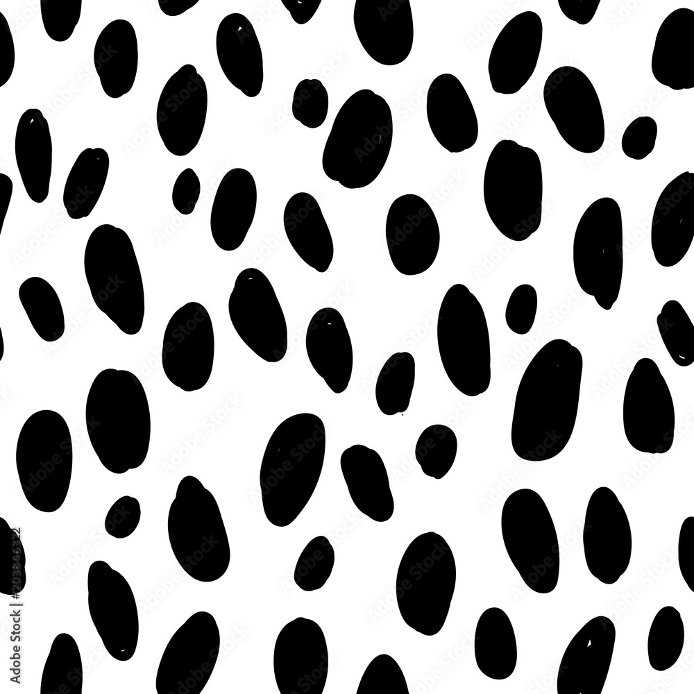 Animal dalmatian pattern. Abstract black and white background. Random dots, blobs, spots seamless texture. Graphic design for wallpaper, wrapping, cover, textile, print. Stock Vector