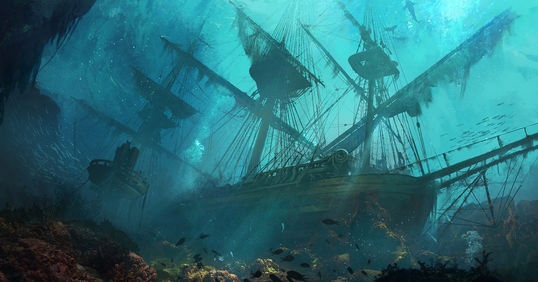Artwork Sinking Ships Ship Drawing Sea Fantasy Art Shipwreck Underwater Turquoise Cyan Teal Wallpaper:2055x1080