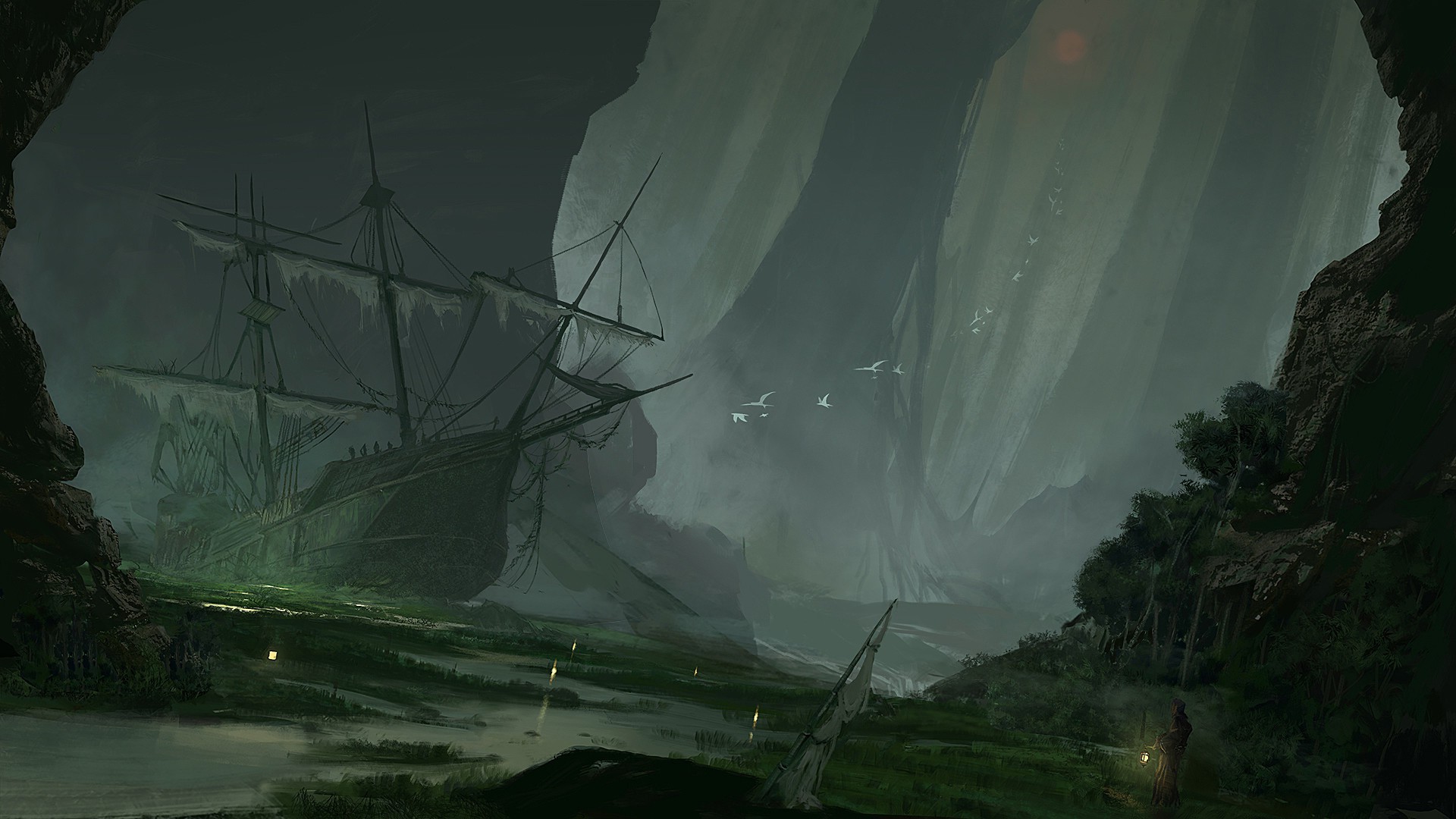 artwork, Fantasy Art, Ship, Sailing Ship, Swamp, Abandoned, Sinking Ships Wallpaper HD / Desktop and Mobile Background